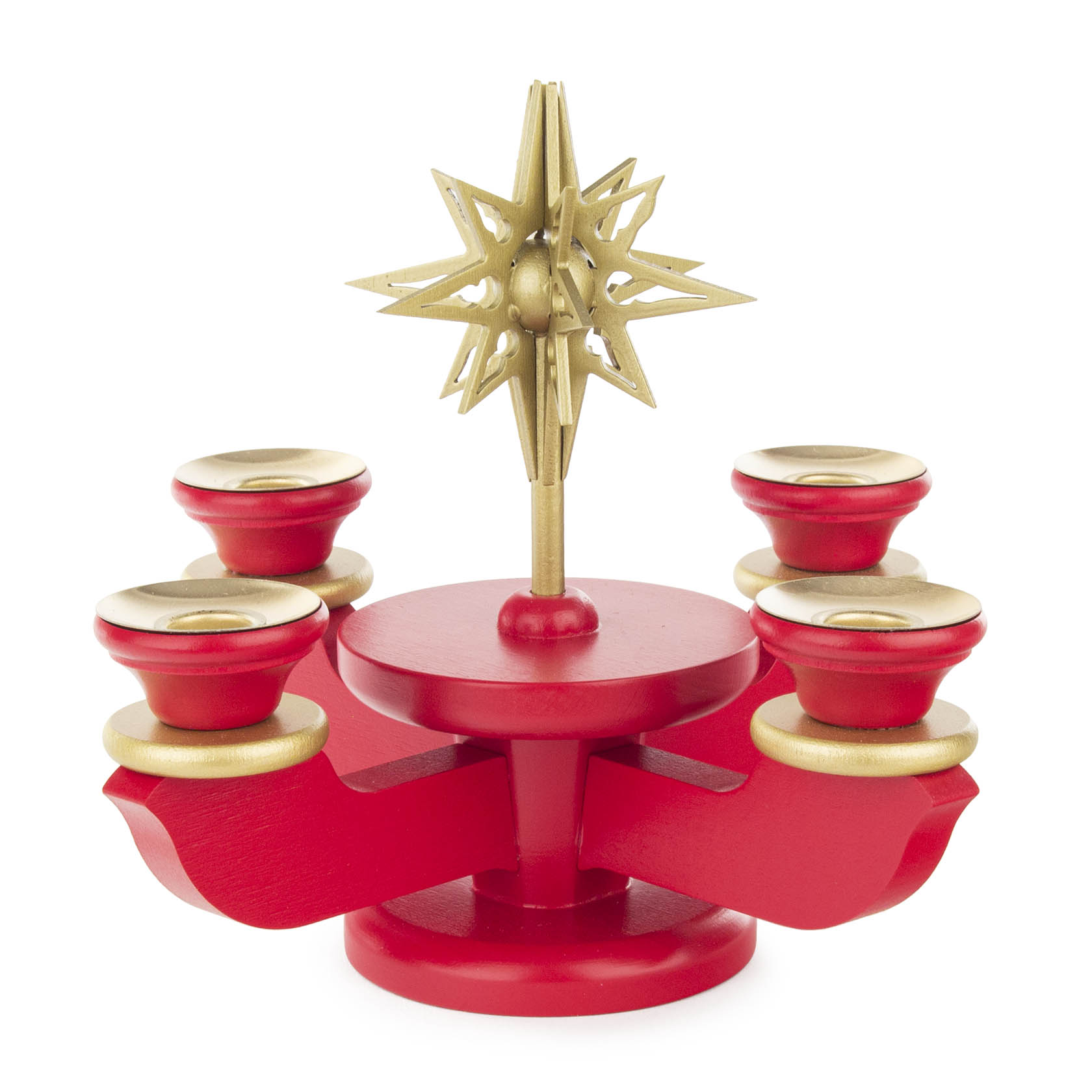 A small red wooden Advent candle holder designed for four candles, with a diameter of 14mm. It features a golden star at the center on a pedestal. im Dregeno Online Shop günstig kaufen