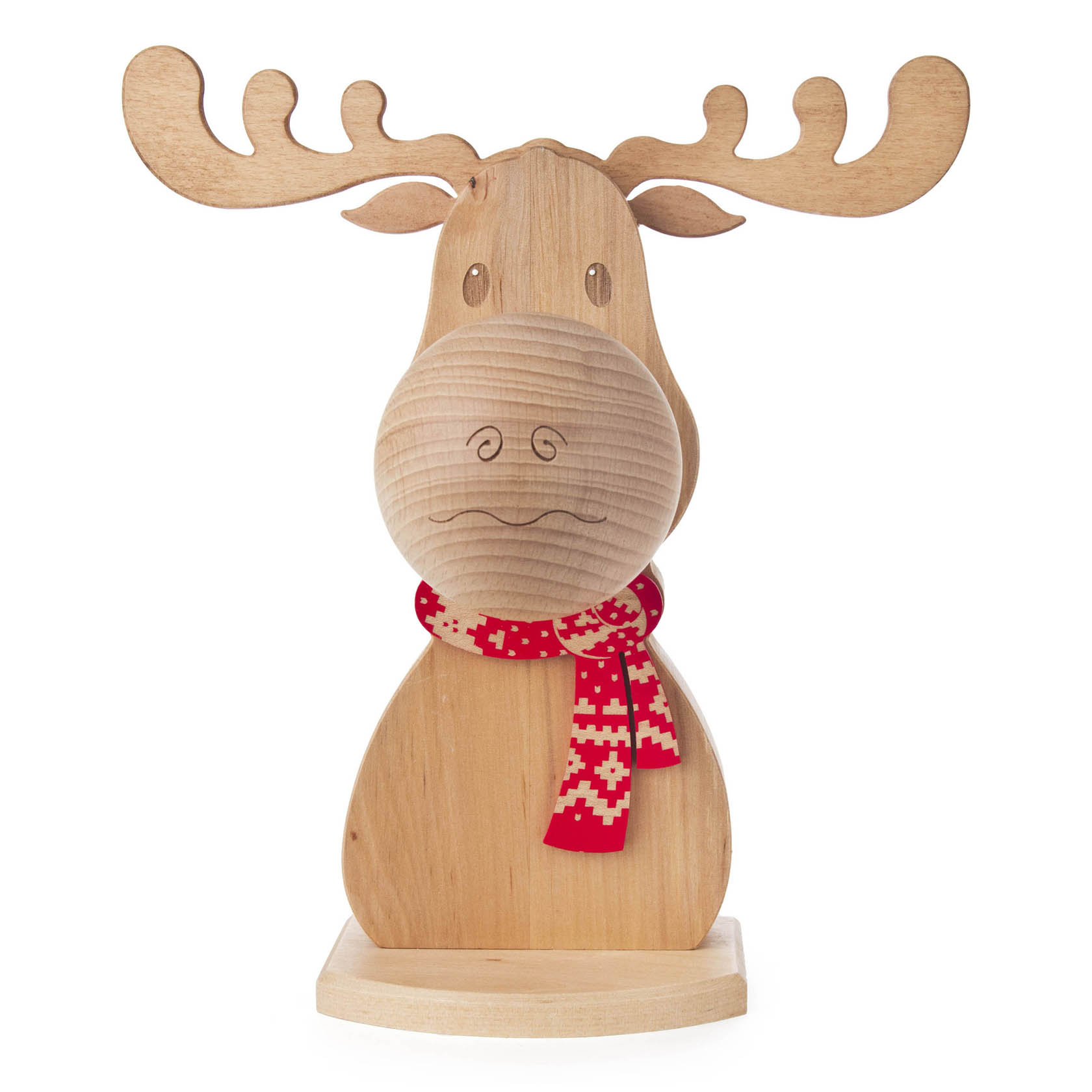 Holzfigur eines Elches mit großen Geweihen, der einen roten und weißen Schal trägt; dient als Brillenhalter. im Dregeno Online Shop günstig kaufen