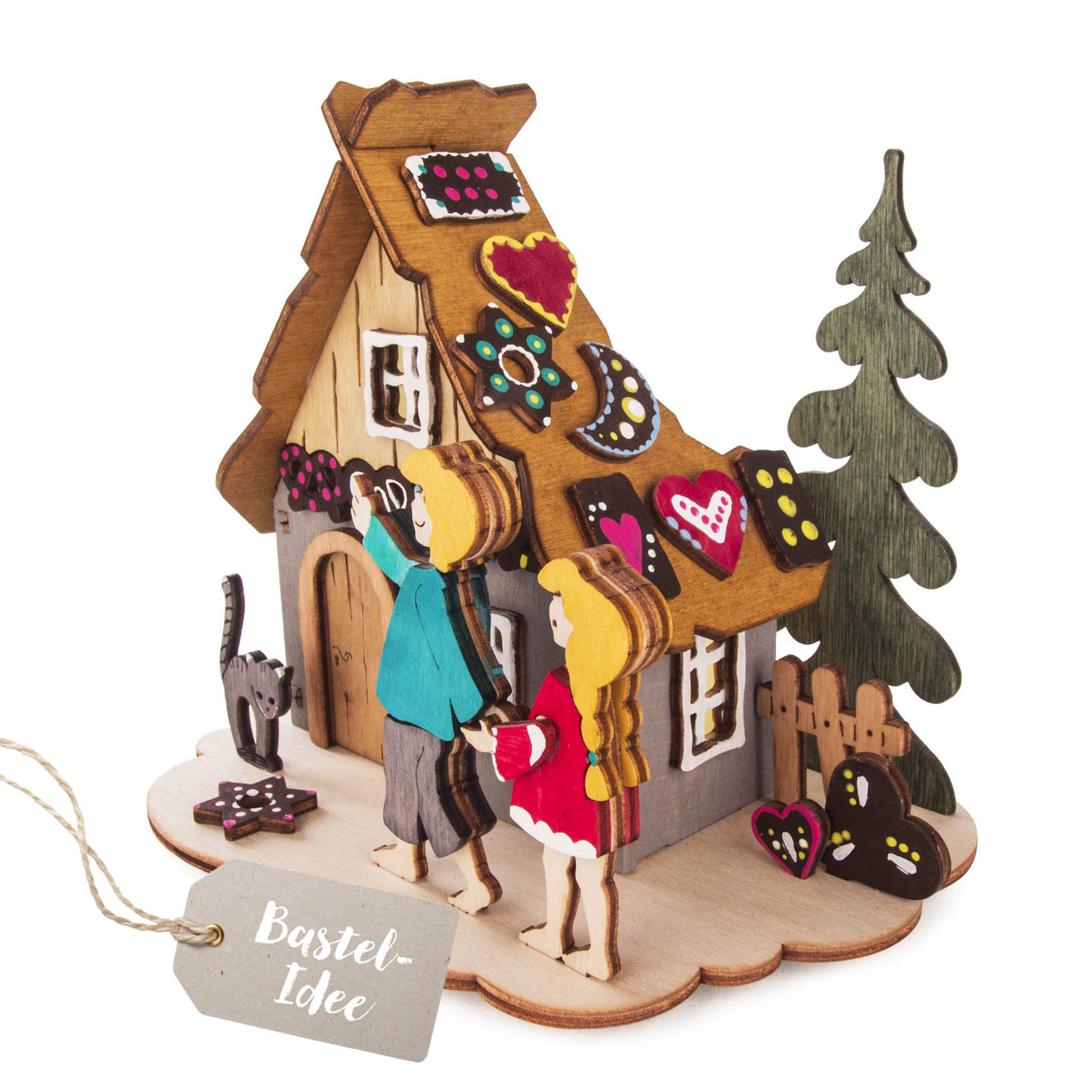 Holz-Bastelset für einen Teelichthalter mit einem Hexenhaus, Hänsel, Gretel und einer Katze, verziert mit bunten Details. im Dregeno Online Shop günstig kaufen