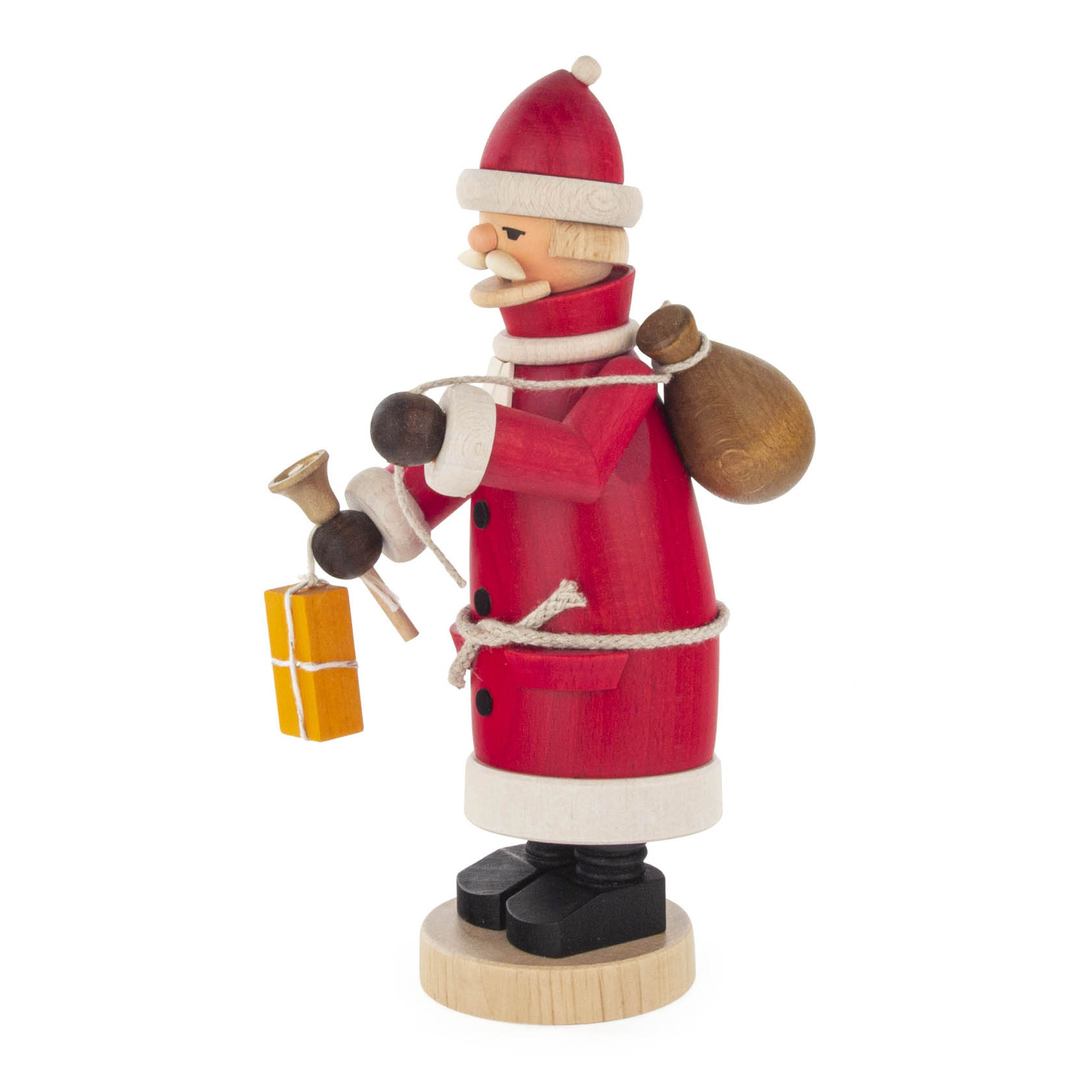 Handgefertigter Räuchermann in Form eines Weihnachtsmanns, der eine Pfeife raucht. Gehalten in Rot, trägt er einen Sack und ein Geschenk.