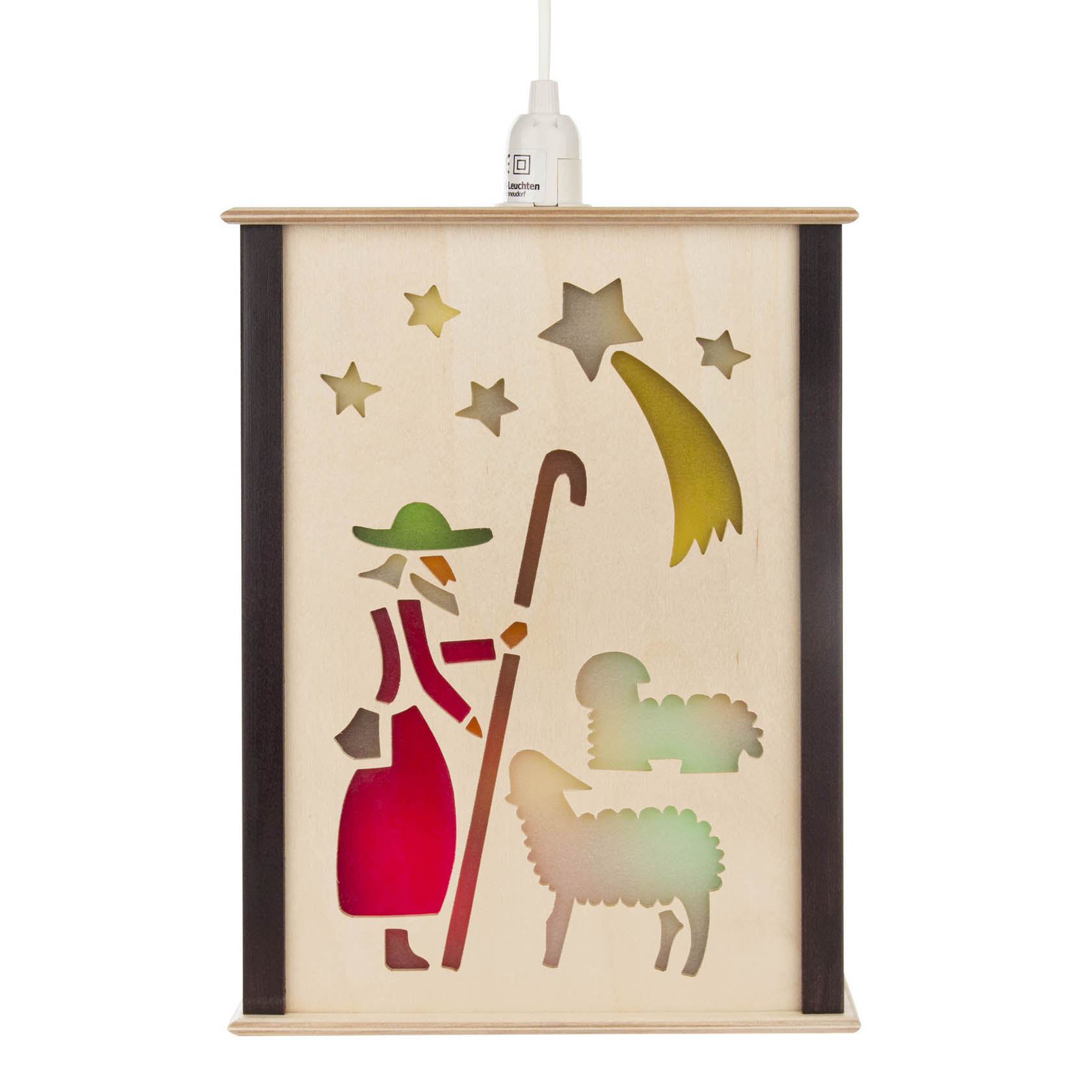 Holzfensterlaterne mit buntem Motiv von Christi Geburt: Hirte mit Stock und Hut, Schaf und Lamm, Sterne und Komet im Hintergrund. im Dregeno Online Shop günstig kaufen
