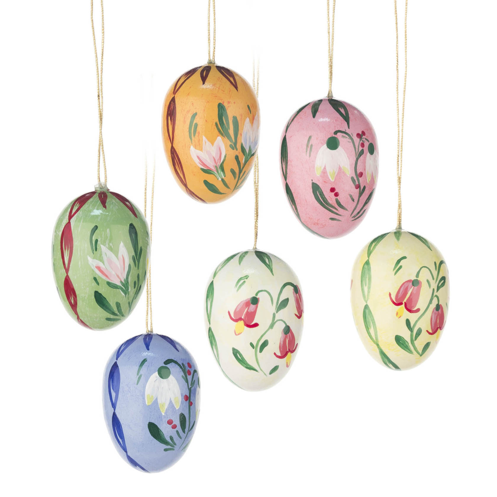 Sechs hängende Ostereier, jede mit verschiedenen pastellfarbenen Mustern und Blumenmotiven bemalt. im Dregeno Online Shop günstig kaufen