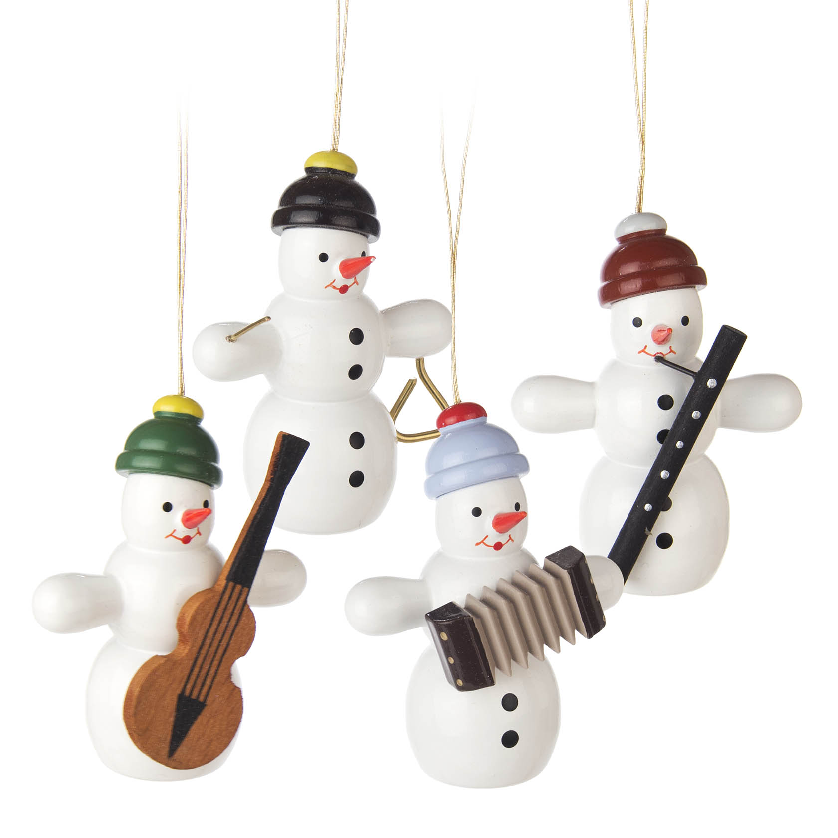 Vier Schneemann-Figuren aus Holz als Christbaumschmuck, jede mit einem Musik-Instrument: eine Geige, ein Akkordeon, eine Flöte und ein Horn. im Dregeno Online Shop günstig kaufen