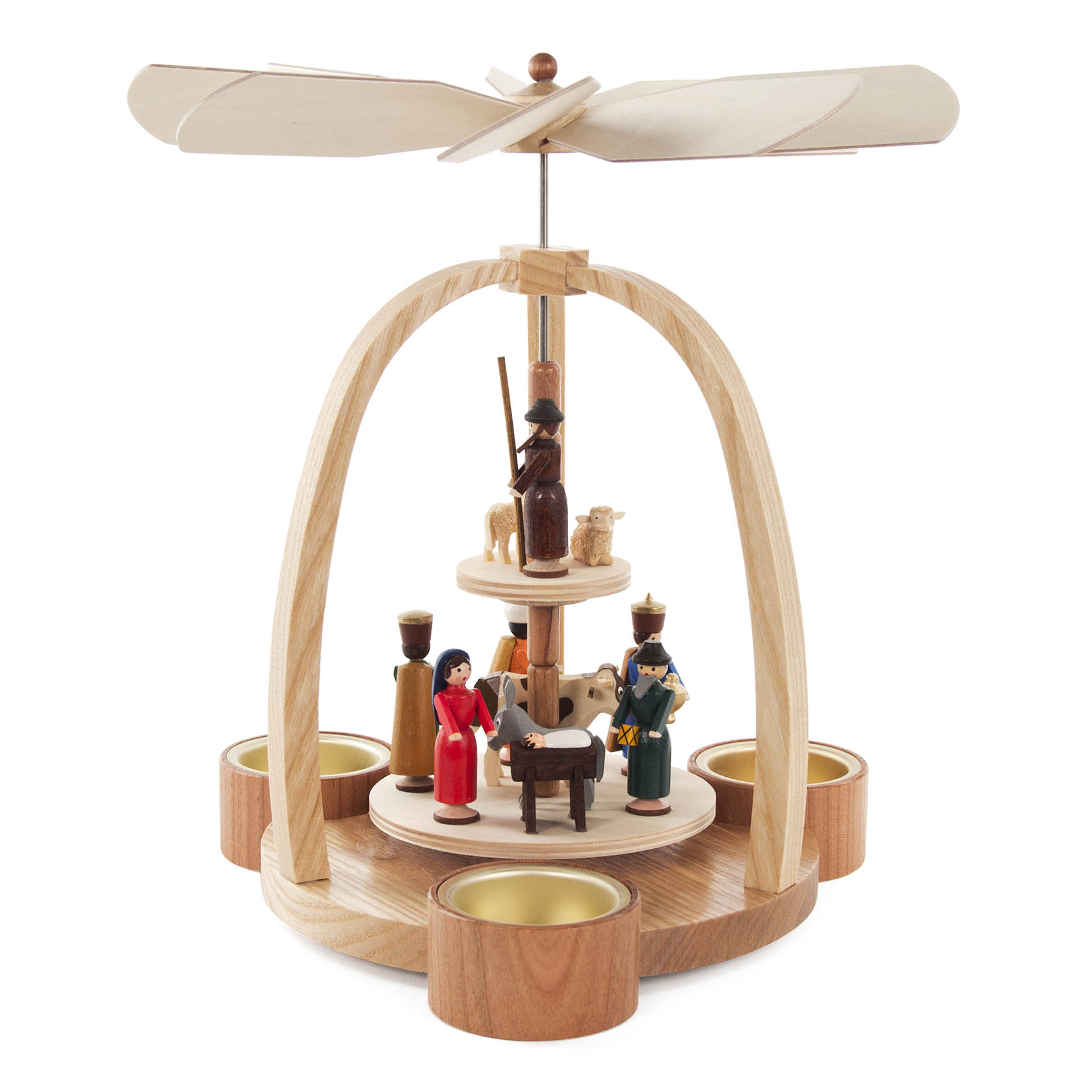 Holzpyramide mit Teelichthaltern und farbigen Figuren zeigt die Szenerie der Geburt Christi. im Dregeno Online Shop günstig kaufen