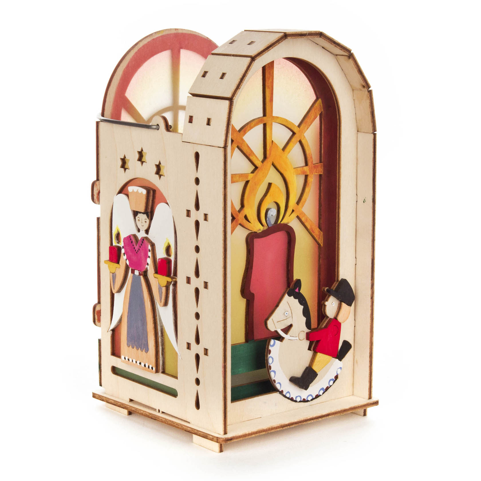 A wooden craft lantern set from the Erzgebirge, featuring an angel holding gifts on one side and a candle with a horse and rider motif on the other.