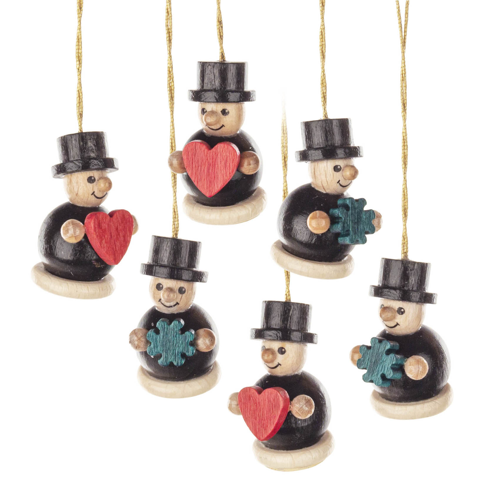 Sechs kleine Figuren in schwarzer Kleidung mit Zylinder, die Herzen und Kleeblätter als Glücksbringer halten. im Dregeno Online Shop günstig kaufen