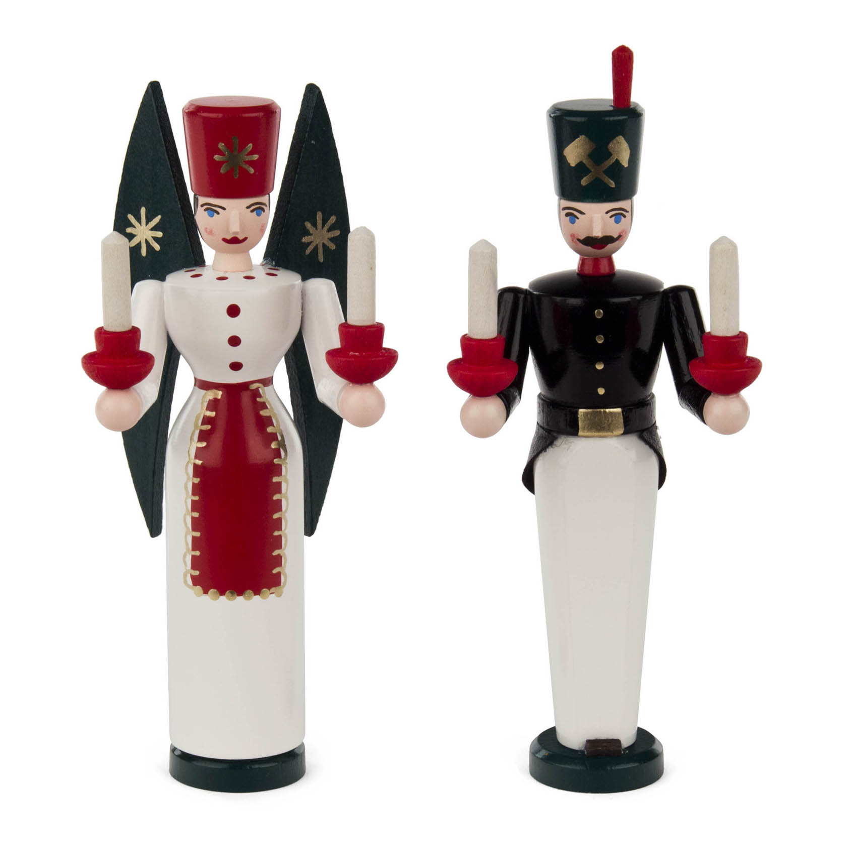 Farbig bemalte Holzfiguren: Links eine Engel-Figur in Rot-Weiß mit Kerzenhaltern, rechts ein Bergmann-Figur in Schwarz-Weiß ebenfalls mit Kerzenhaltern. im Dregeno Online Shop günstig kaufen