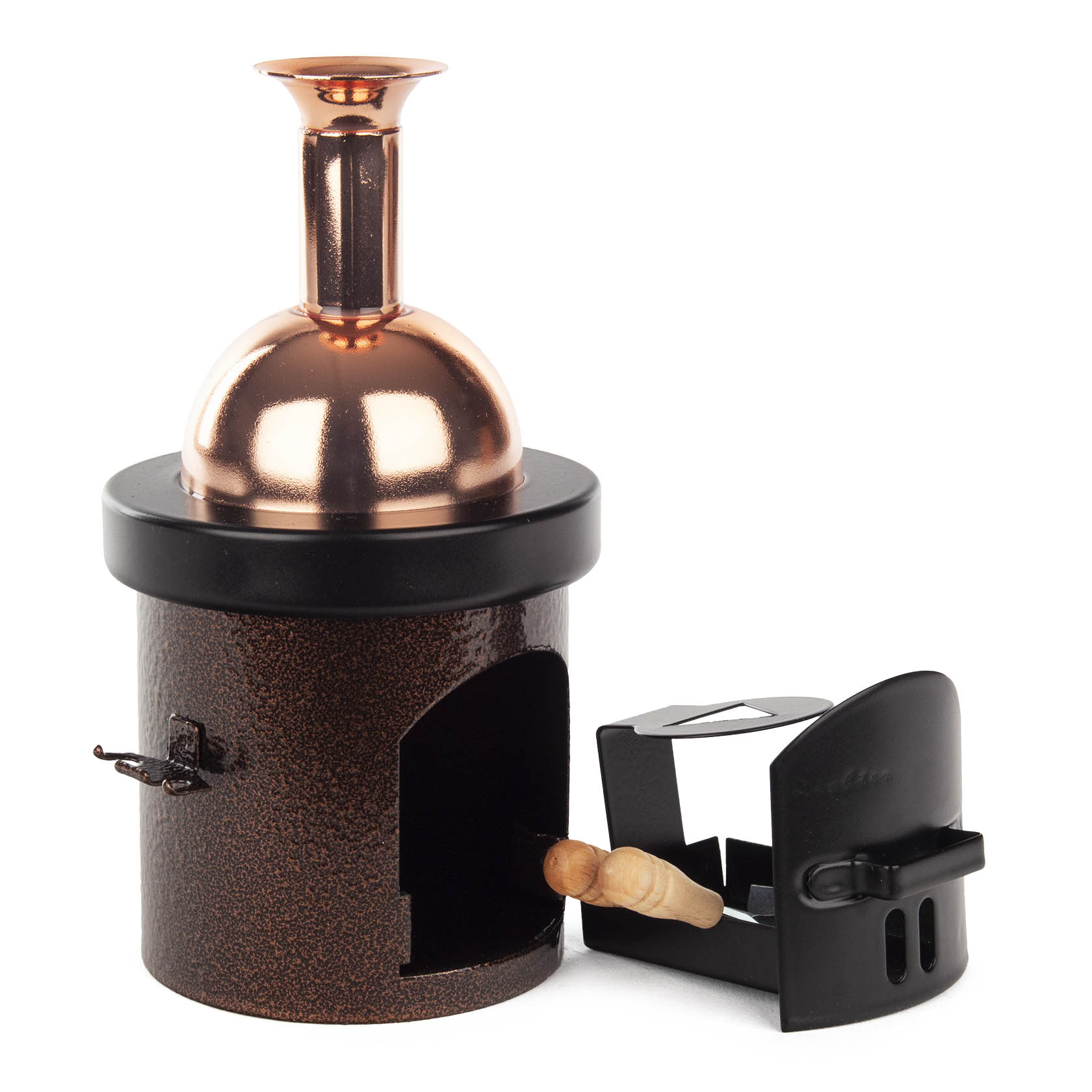 Kleiner kupferfarbener Räucherofen und Braukessel mit abnehmbaren Deckel und seitlichem Holzgriff in elegantem Design.