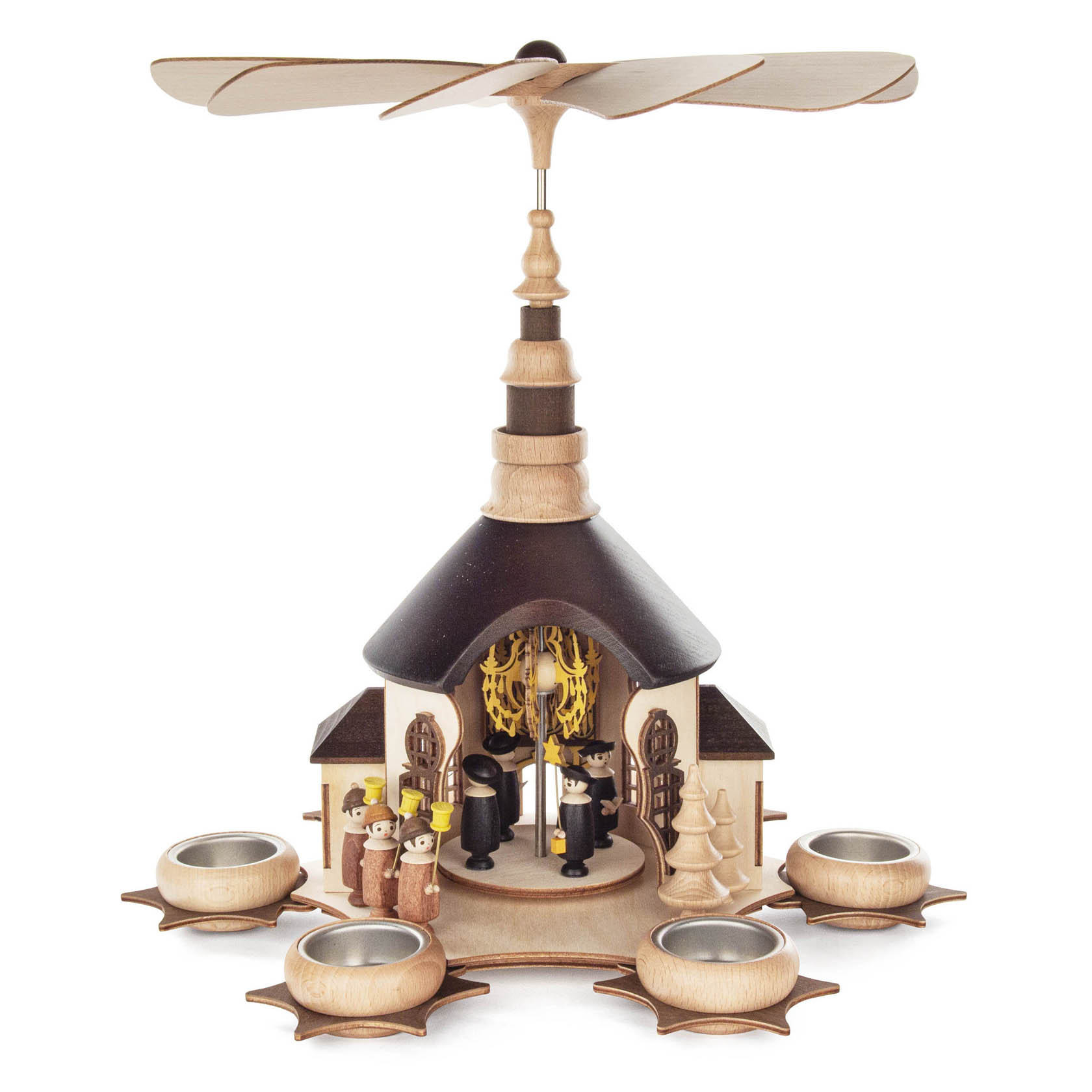 Holzpyramide mit Teelicht-Haltern, eine offene Kirche darstellend, mit Figuren wie einem Pfarrer und Kirchenbesuchern im Inneren. im Dregeno Online Shop günstig kaufen