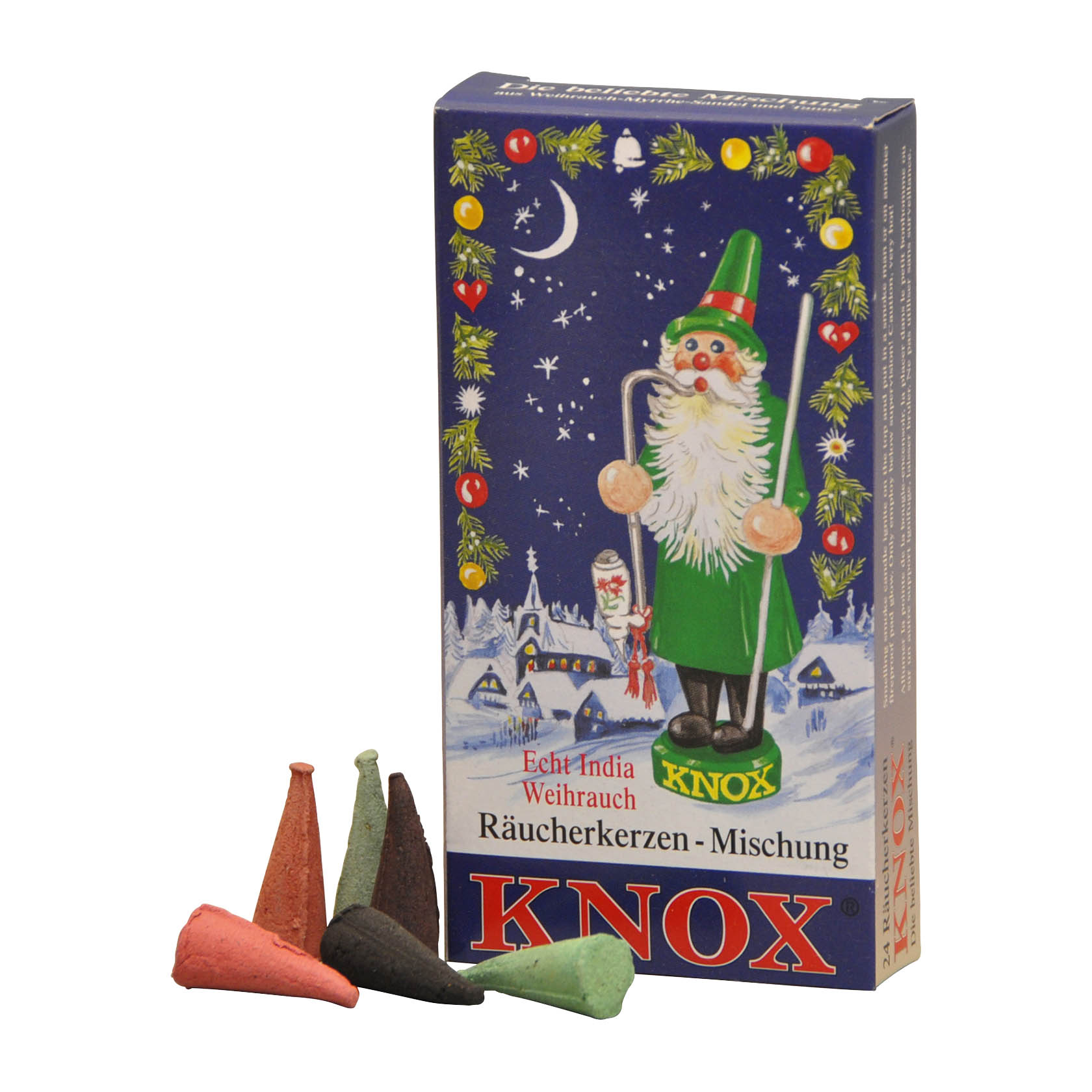 Verpackung von KNOX Räucherkerzen mit einem grünen Weihnachtsmann und drei verschiedenfarbigen Räucherkerzen in Tannenzapfenform mit aufsteigendem Rauch. im Dregeno Online Shop günstig kaufen