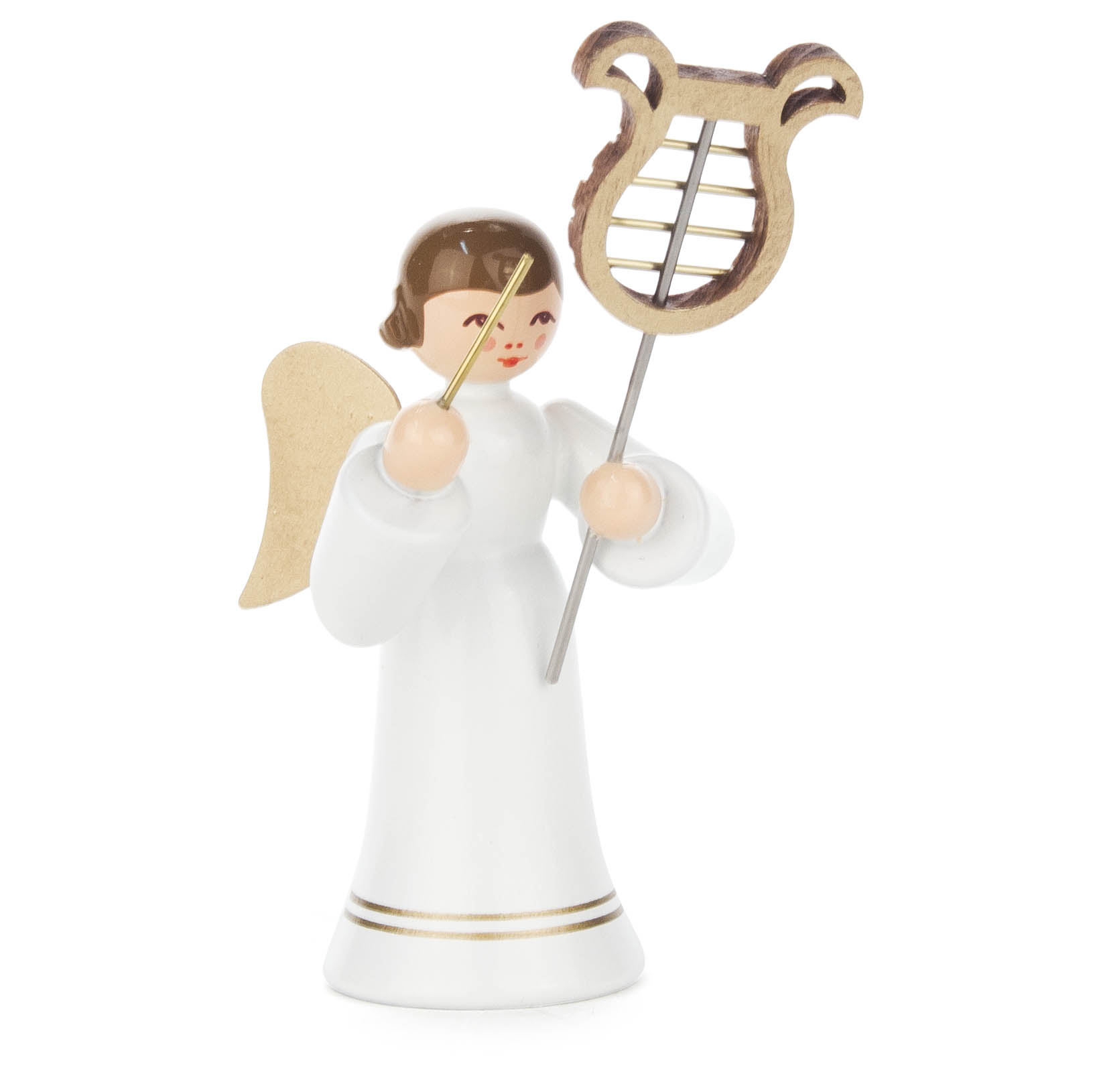Holzengel in weißem Gewand mit goldenen Flügeln hält eine Lyra in der rechten Hand und einen Taktstock in der linken Hand. im Dregeno Online Shop günstig kaufen