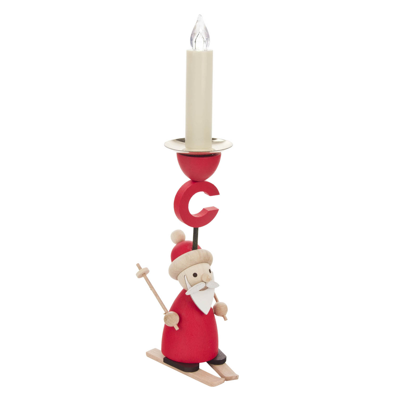 A decorative wooden candle holder featuring a bearded Santa, wearing a red outfit, standing on skis and holding a stick, with a candle holder on top.