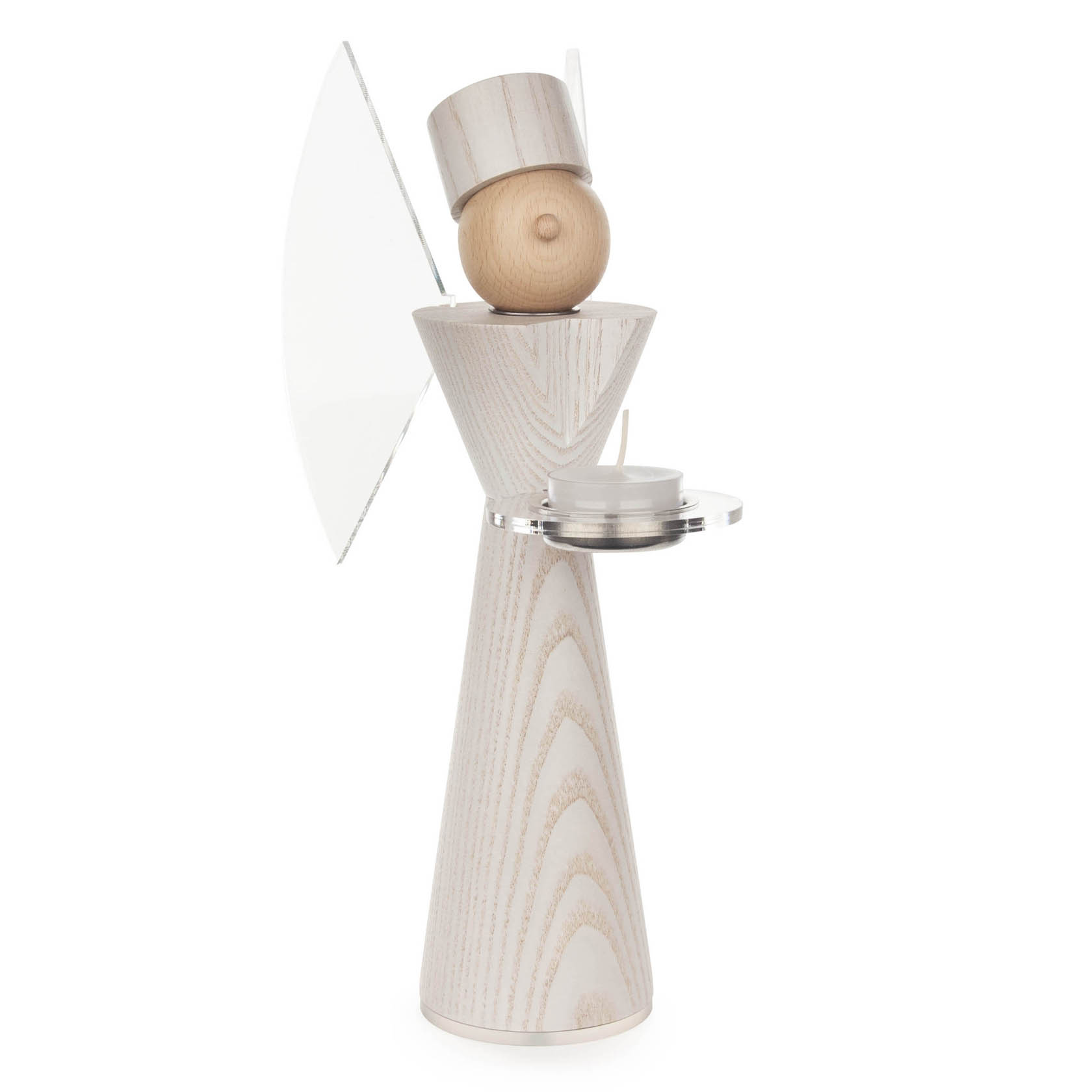 A wooden angel figurine with a minimalistic design, holding a tealight, featuring a natural wood finish and a simplistic face with a hat.