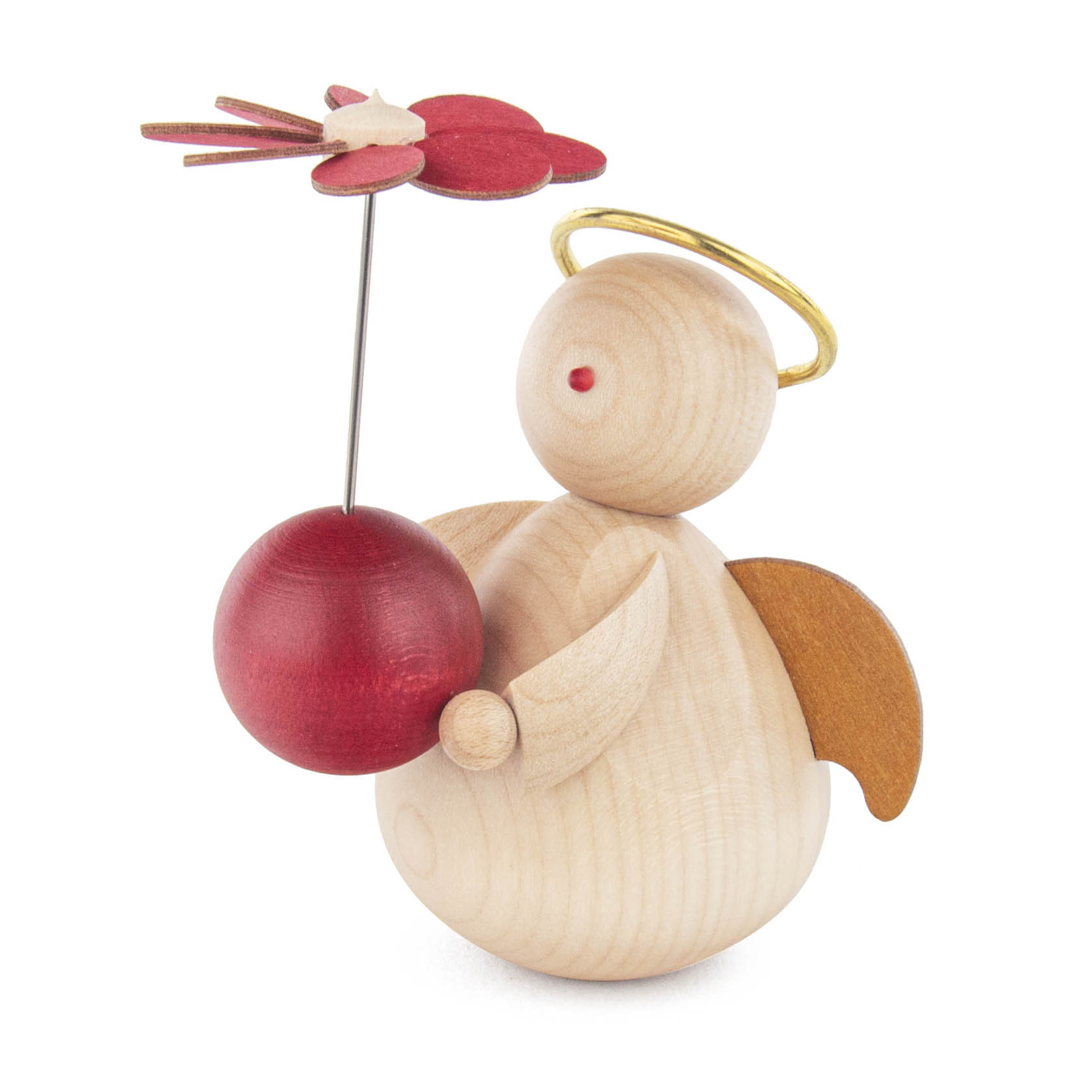 Holzengel mit Flügeln hält eine rote Kugel, aus der ein Stab ragt, mit einem roten Vogel an der Spitze. Der Engel trägt einen goldenen Heiligenschein. im Dregeno Online Shop günstig kaufen
