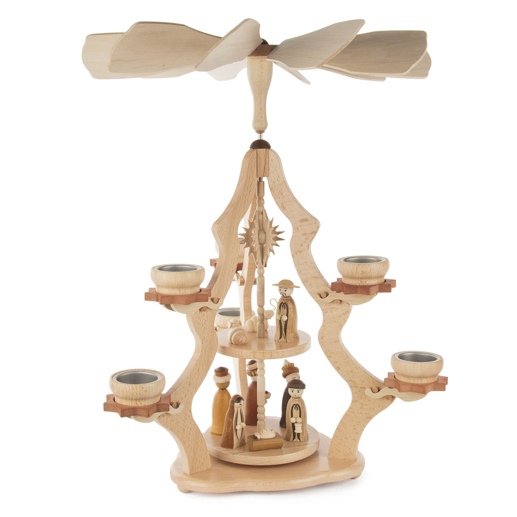 Zweistufige Weihnachtspyramide aus Holz, zeigt die Geburt Christi mit Figuren von Maria, Josef und Jesus. Angetrieben durch Teelichter, mit Flügelrad oben.