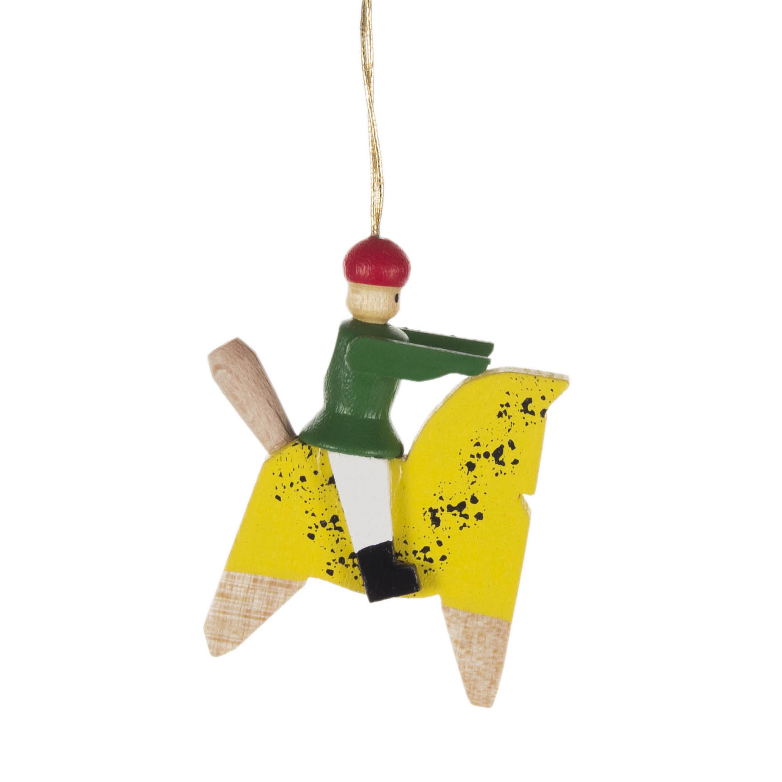 Holzspielzeuganhänger eines stilisierten gelben Pferdes mit einem grünen Reiter, der eine rote Mütze trägt. Das Pferd hat einen schwarzen Punktmuster. im Dregeno Online Shop günstig kaufen