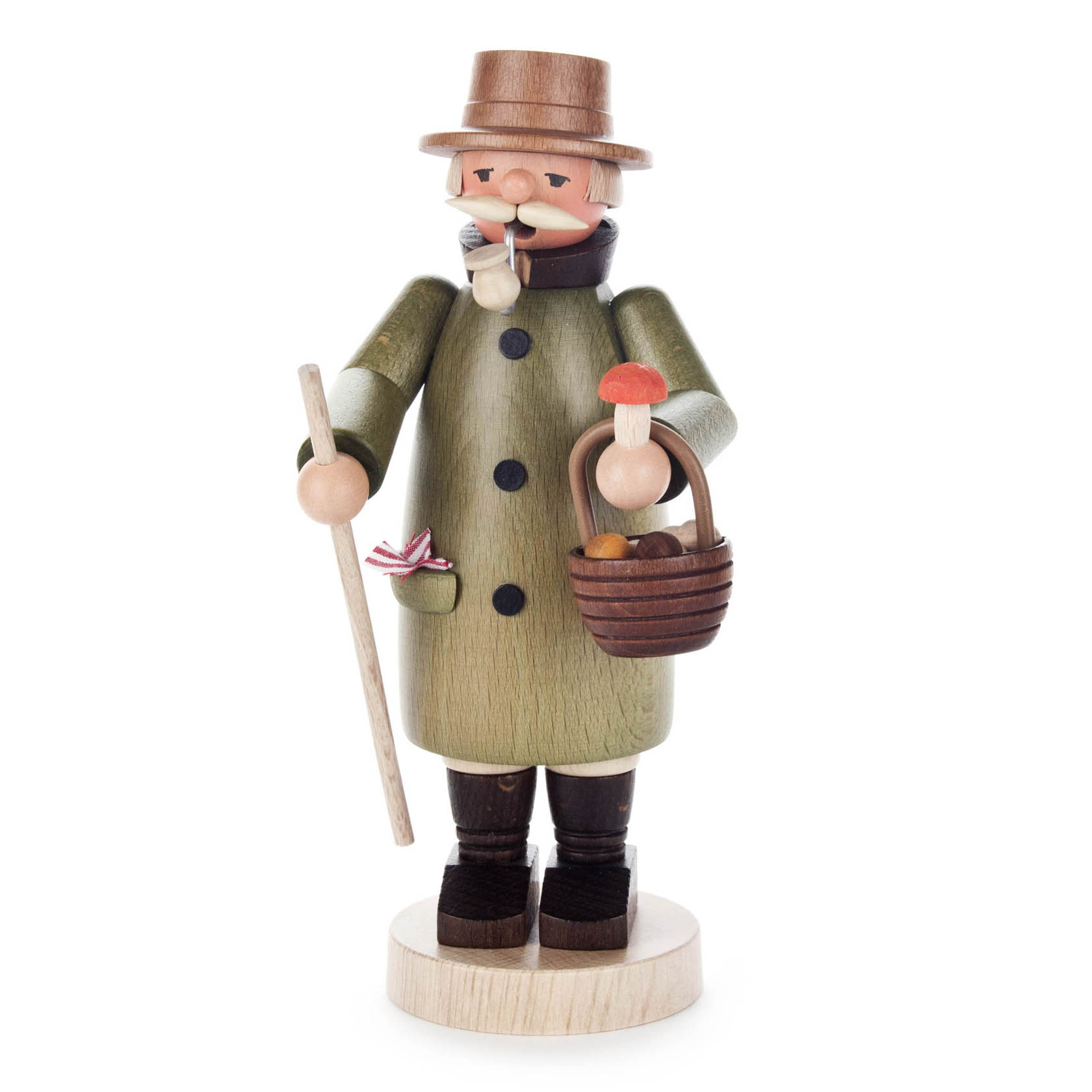 Holzfigur eines Mannes als Räuchermann, gekleidet in einen grünen Mantel mit Pilzen im Korb und Schmauchpfeife im Mund. im Dregeno Online Shop günstig kaufen