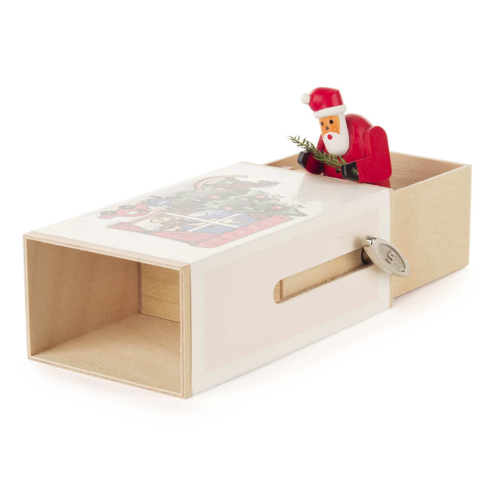 Schiebebox aus Holz mit einem Weihnachtsmann, der aus einer Box herausragt. Auf dem Deckel ist ein Weihnachtsmotiv abgebildet.