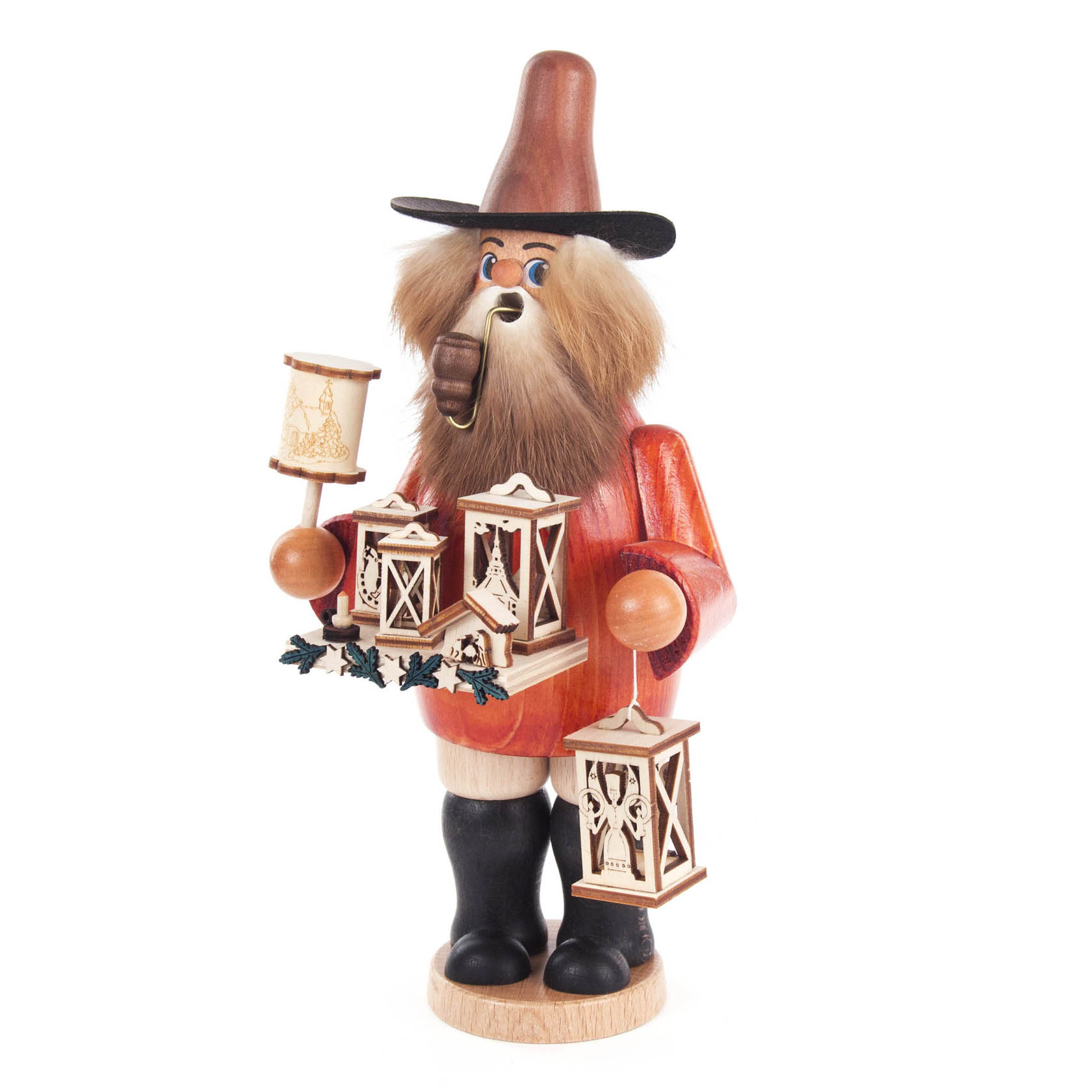 Ein traditioneller Räuchermann in Form eines Laternenhändlers, der mehrere kunstvolle Laternen hält. Er trägt einen roten Mantel und einen braunen Hut. im Dregeno Online Shop günstig kaufen