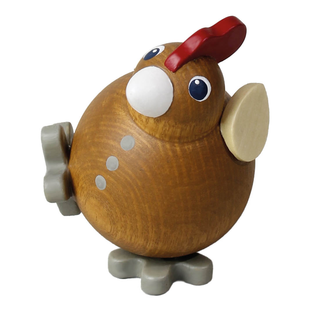 Holzfigur in Form eines stilisierten Huhns mit rundem Körper, roten Kamm, großen weißen Augen, Holzschnabel und angedeuteten Flügeln und Beinen. im Dregeno Online Shop günstig kaufen