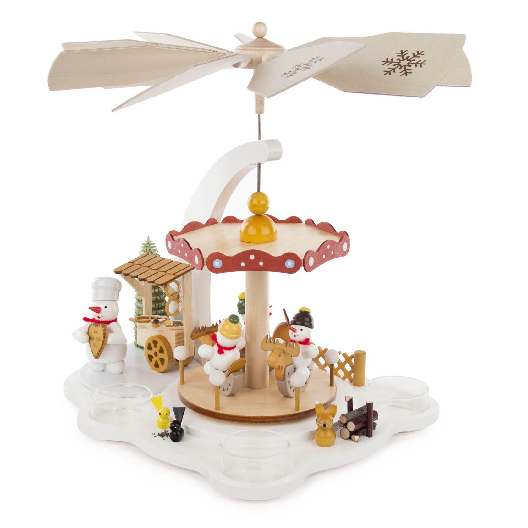 Drehbares Schneemann-Karussell auf einer weißen Pyramide, angetrieben durch Teelichtwärme, mit drei Schneemännern, die Pfefferkuchen halten.