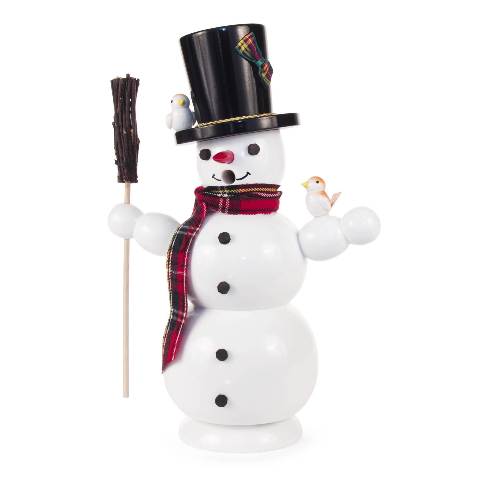 Holzfigur eines Schneemanns mit schwarzem Zylinder, rotem Schal, Pfeife im Mund und zwei Vögeln, einer auf dem Besen und einer auf dem Arm. im Dregeno Online Shop günstig kaufen