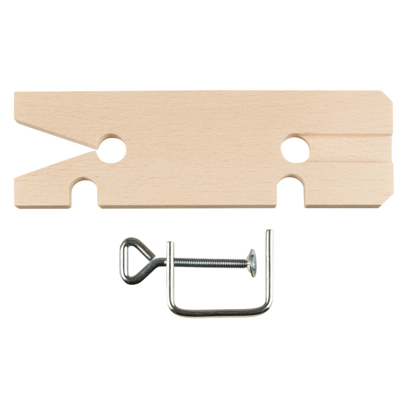Ein hölzernes Laubsägebrettchen mit einer Einspannvorrichtung und einer Metallzwinge zum Fixieren an einer Tischkante. im Dregeno Online Shop günstig kaufen