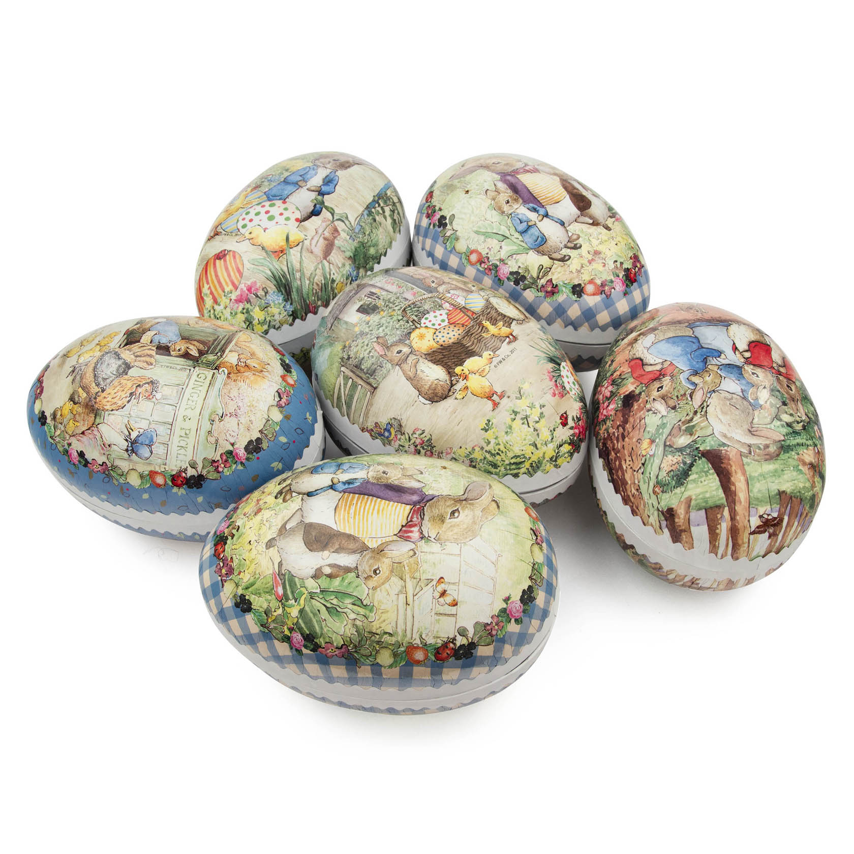 Sechs Ostereier zum Befüllen mit verschiedenen Beatrix Potter Motiven, jedes Ei zeigt unterschiedliche Illustrationen und ist 15cm hoch. im Dregeno Online Shop günstig kaufen