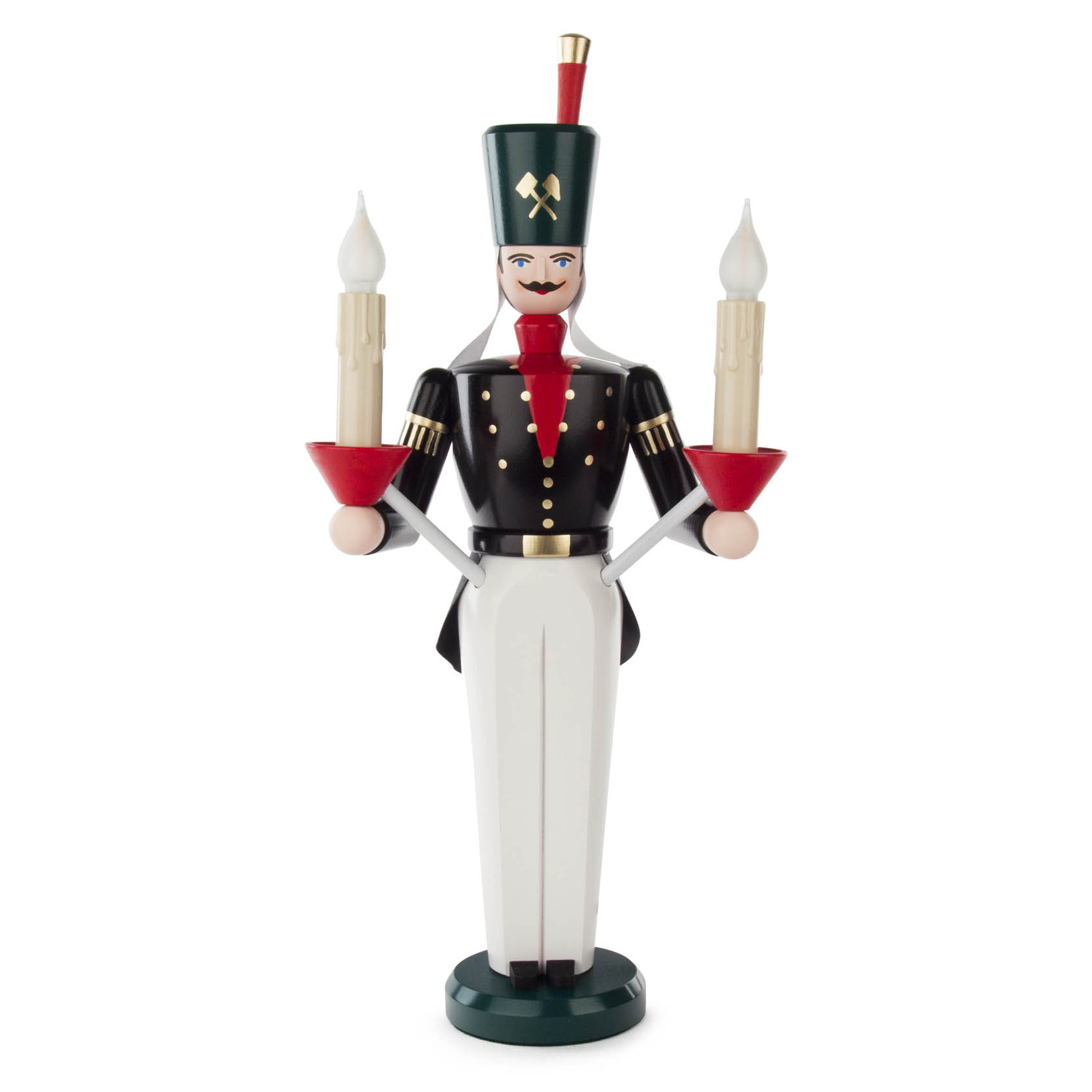 Farbig gestalteter Lichterbergmann aus Holz, 36 cm groß, mit roter Kerze in jedem Arm, elektrisch beleuchtet. Grüne Mütze und Uniform, rote Fliege. im Dregeno Online Shop günstig kaufen