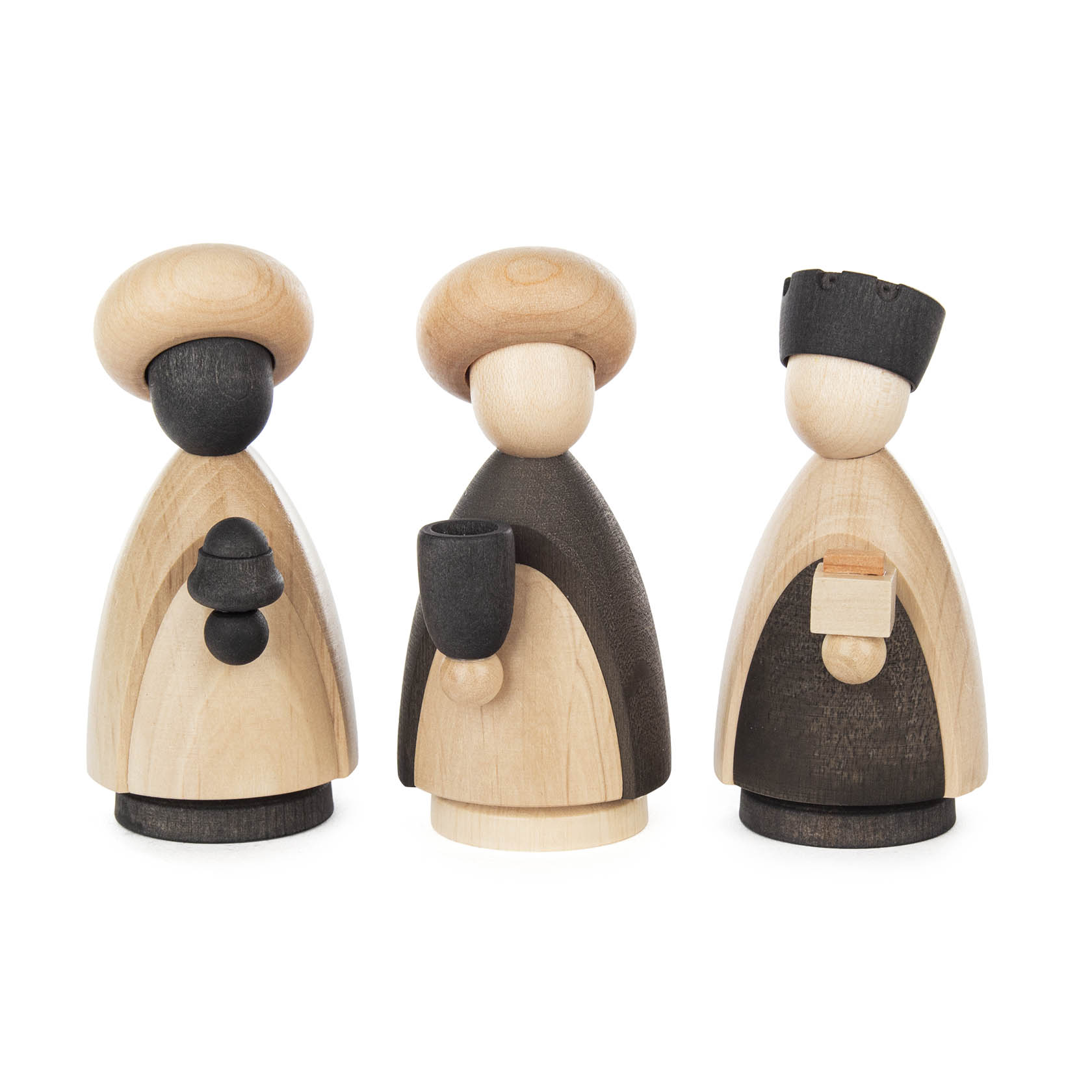 Drei minimalistische Holzfiguren der Heiligen Drei Könige in Natur- und Anthrazitfarben, stilisiert mit schlichten Formen und minimalen Details. im Dregeno Online Shop günstig kaufen