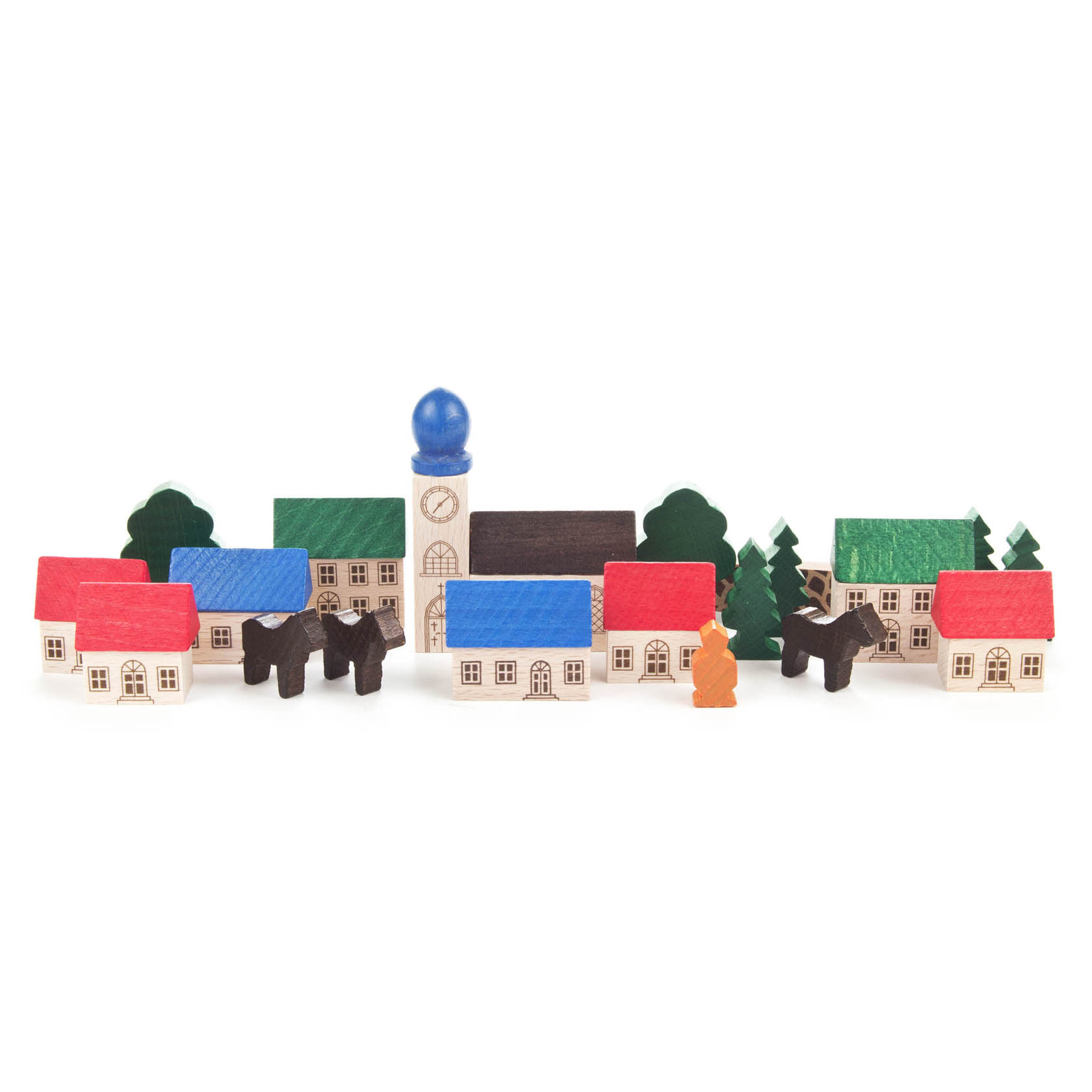 Modell eines Dorfes aus Holzspielzeug mit bunten Häusern und einem Kirchturm. im Dregeno Online Shop günstig kaufen
