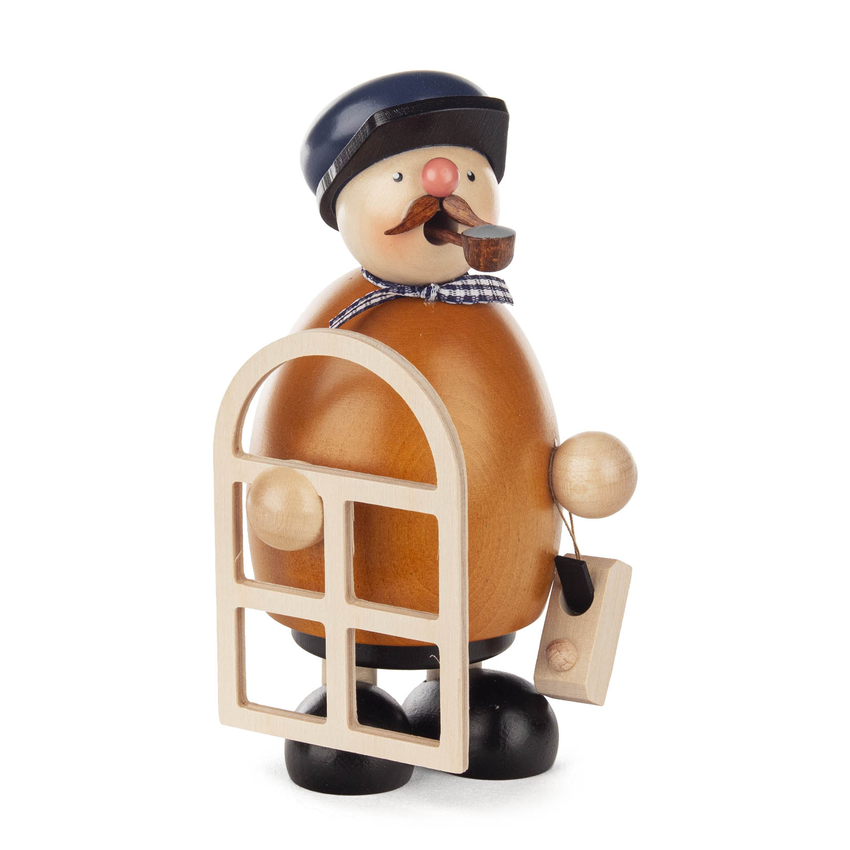 Wooden smoker figure of a craftsman with a mustache, holding a small wooden window frame and a briefcase, wearing a blue hat and scarf, and smoking a pipe.