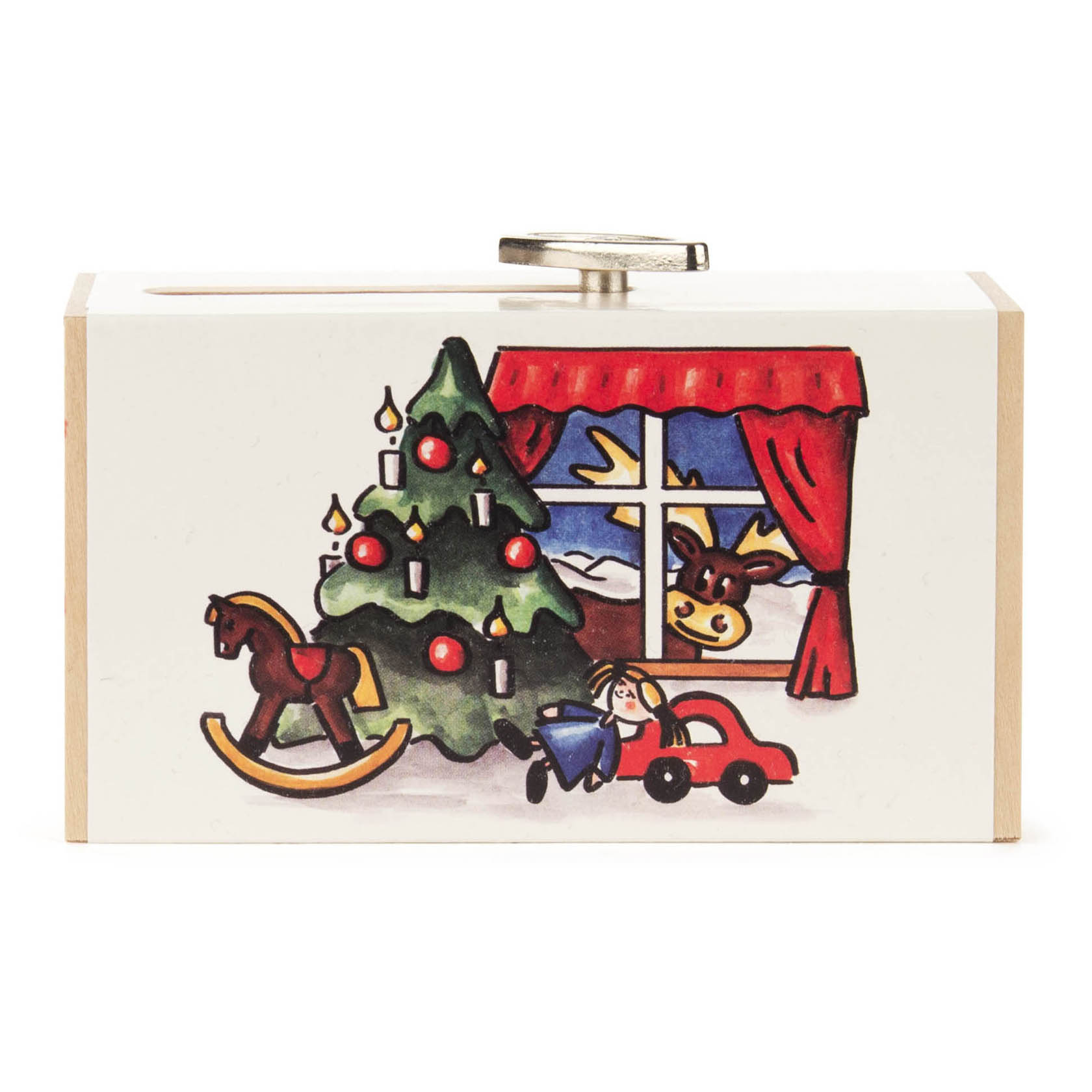 Eine Schiebebox aus Holz mit weihnachtlichem Motiv: Tannenbaum mit Kugeln und Kerzen, Spielzeugauto, Schaukelpferd und Rentier am Fenster.