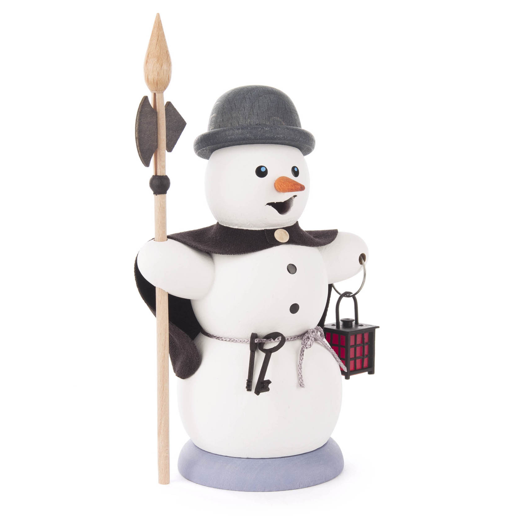 Ein Schneemann-Räuchermann als Nachtwächter mit schwarzem Umhang, Hut, Laterne und Hellebarde aus Holz. im Dregeno Online Shop günstig kaufen