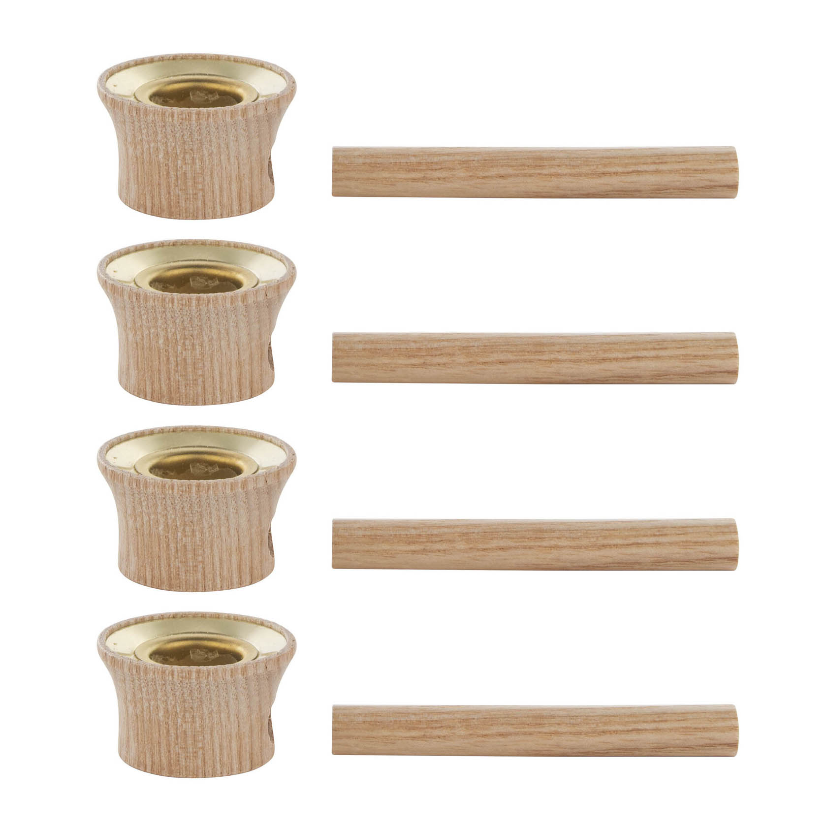 Vier Holz-Kerzenhalter mit goldener Innenseite neben vier passenden zylinderförmigen Holzstäben, aufrecht nebeneinander angeordnet. im Dregeno Online Shop günstig kaufen