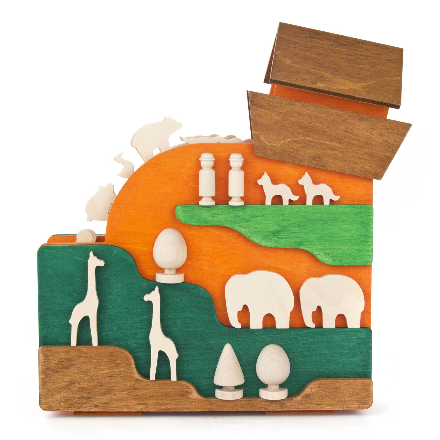 Holzspieldose in Form der Arche Noah mit dekorativen Tieren wie Giraffen, Elefanten und Hunden. Die Arche hat zwei Etagen, auf denen Tiere platziert sind.