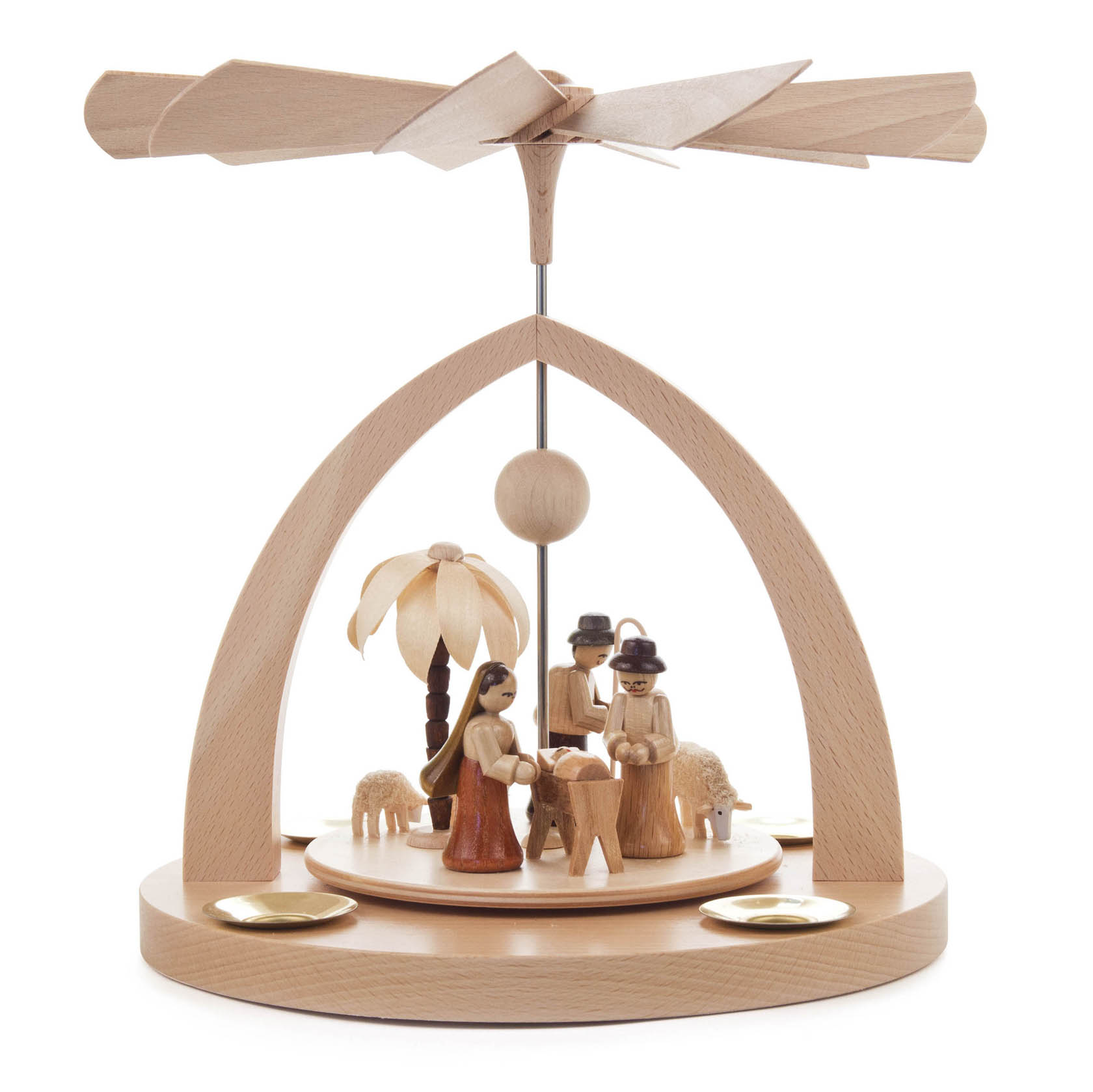 Holzpyramide mit Figuren der heiligen Familie, Maria und Josef, die das Jesuskind in der Krippe anbeten, flankiert von Schafen und Hirten. im Dregeno Online Shop günstig kaufen