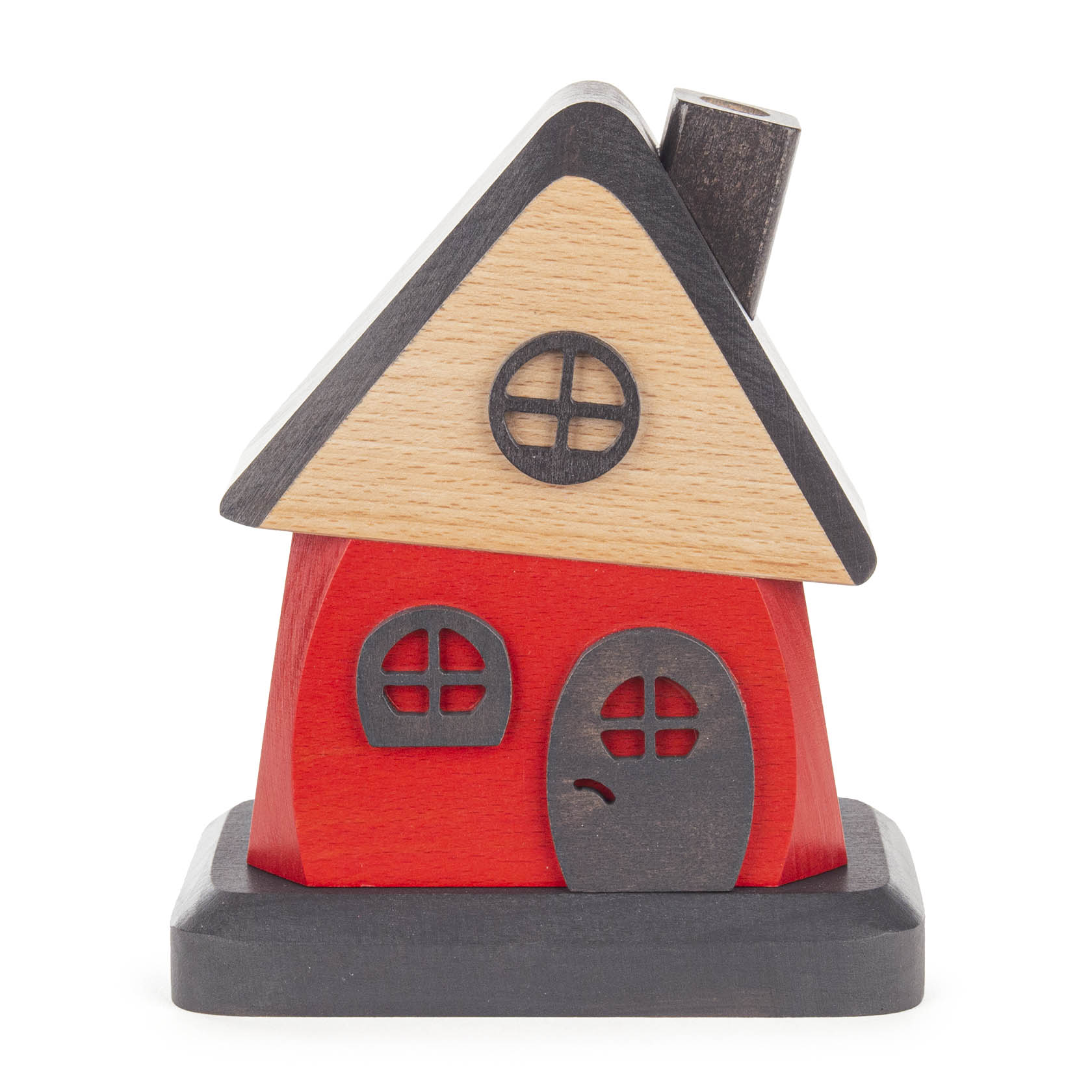 Deko-Räucherhaus in Rot und Grau mit gewölbtem Dach, seitlichem Schornstein und drei runden Fenstern. Tür und Fenster sind dunkelgrau. im Dregeno Online Shop günstig kaufen