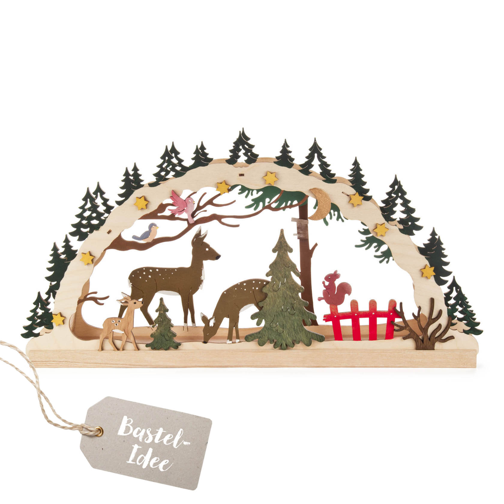 Wooden Arch Craft Set featuring an LED light strip. It depicts a forest scene with deer, trees, a squirrel, stars, and a bird under a crescent moon. im Dregeno Online Shop günstig kaufen
