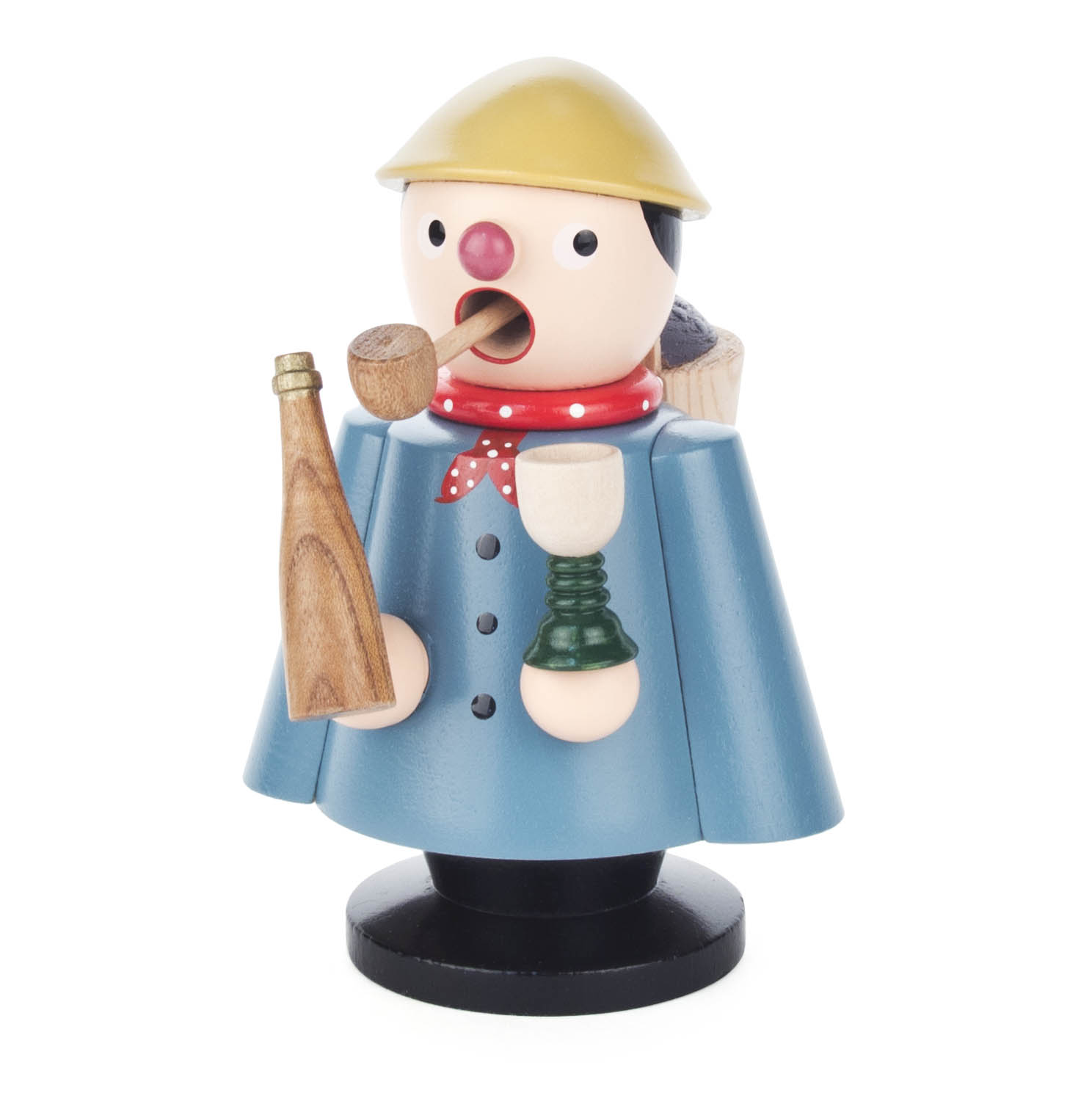 Eine handgefertigte Holzfigur eines Winzers in blauem Mantel und gelbem Helm, mit Pfeife und Weinflasche. Die Figur ist ein Räuchermann. im Dregeno Online Shop günstig kaufen