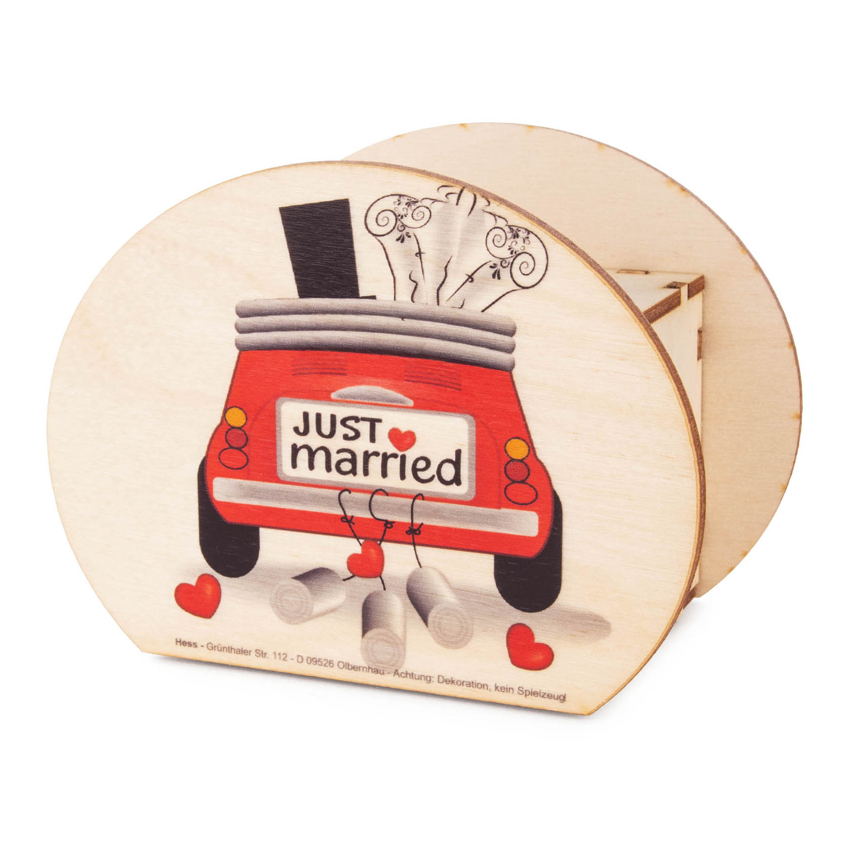 Spardose mit dem Motiv eines roten Autos und dem Schild 'Just Married', das Dekorationen wie Dosen am Heck zeigt.