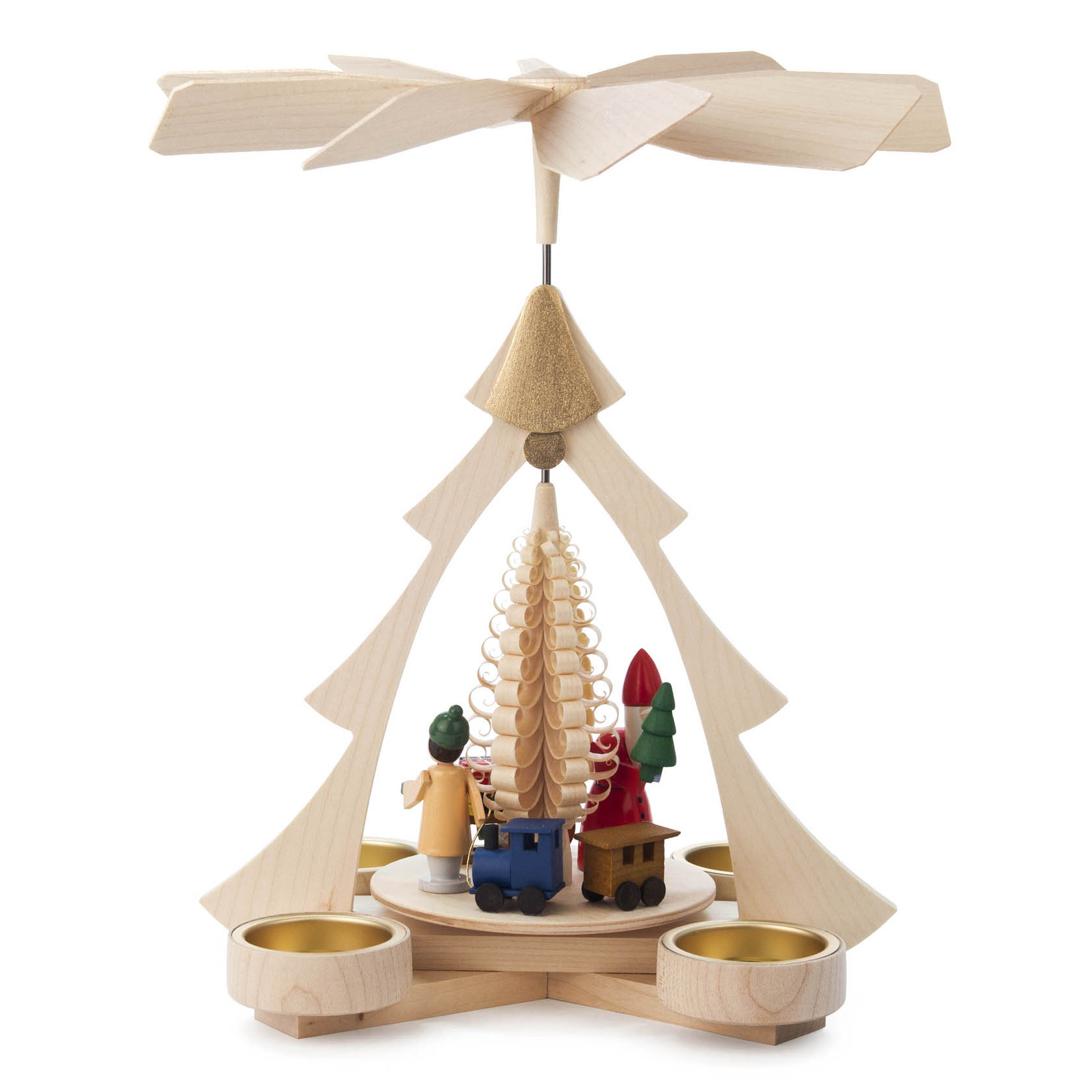Holzpyramide mit Teelichthaltern, dreht sich durch Kerzenwärme. Oben Propeller, unten Figuren mit Weihnachtsbaum und Bauklötzen.