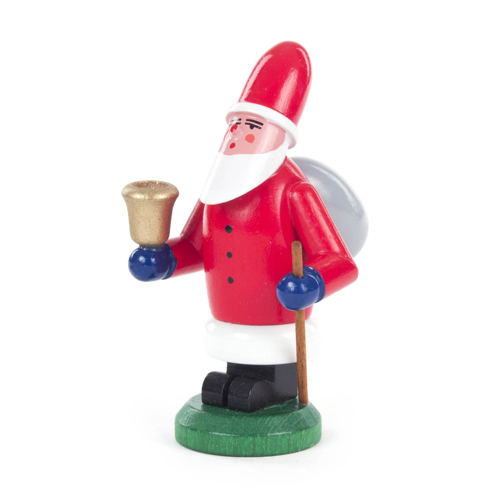 Holzfigur von Ruprecht in roter Kleidung, mit weißem Bart, die eine goldene Glocke in der rechten Hand hält, auf einem grünen Sockel stehend. im Dregeno Online Shop günstig kaufen