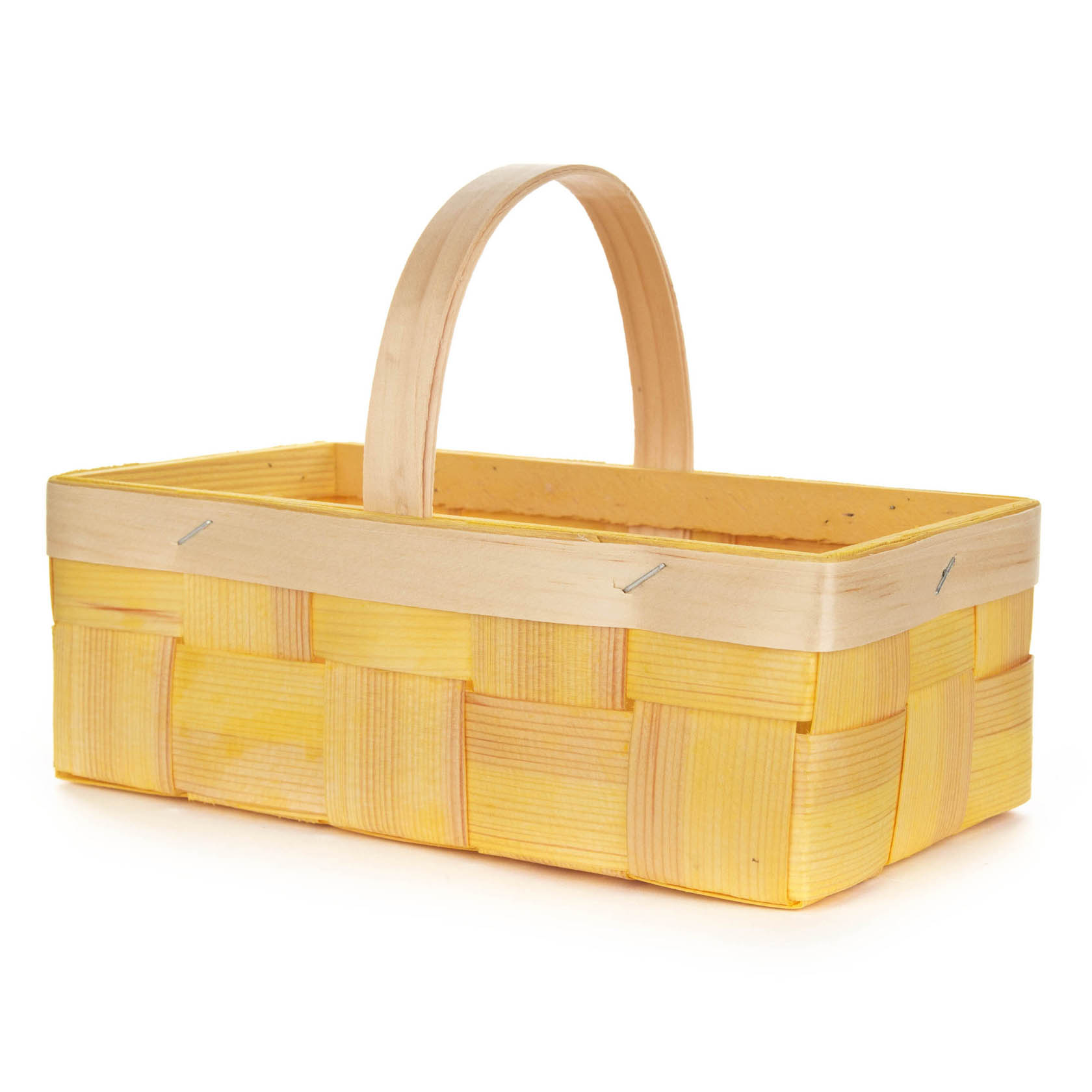 Ein rechteckiger, gelber Spankorb mit einem Holzhenkel. im Dregeno Online Shop günstig kaufen