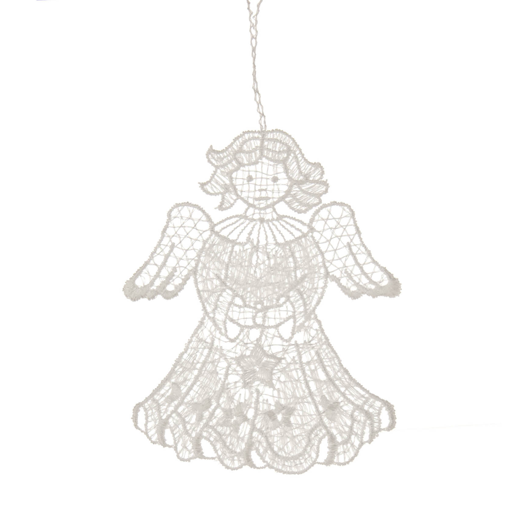 Hängender Engel aus Plauener Spitze mit ausgestreckten Flügeln und einem zentral platzierten Stern auf dem Kleid. im Dregeno Online Shop günstig kaufen