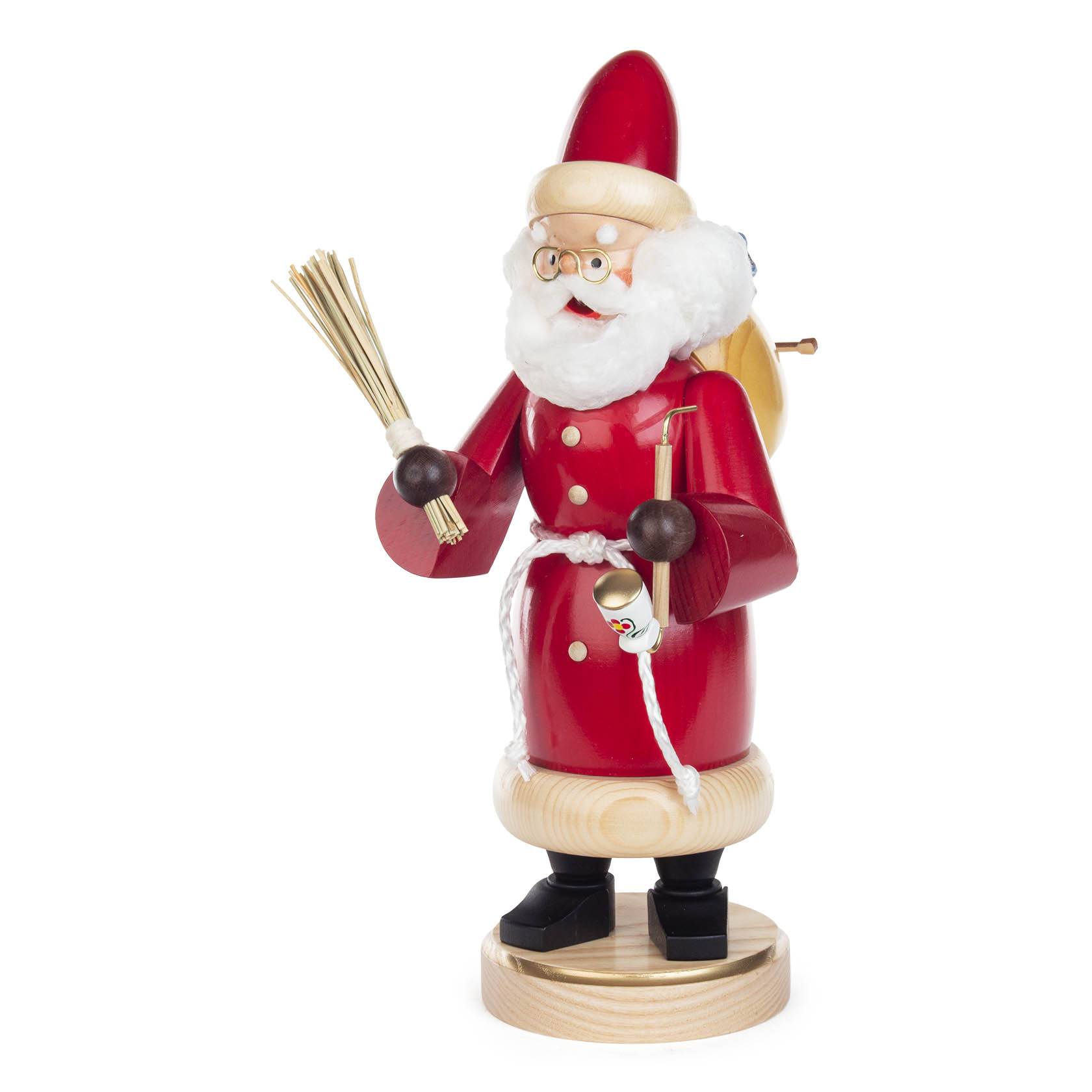 Wooden Santa Claus figurine with white beard, glasses, and a red outfit, holding a bundle of sticks and a lantern, standing on a round base.