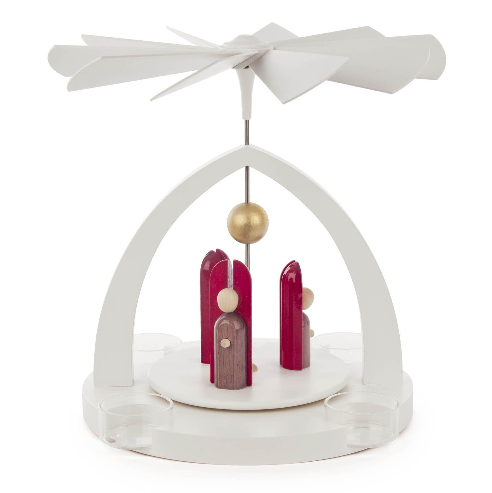 Moderne weiße Pyramide mit farbigen Engel-Figuren in Rot und Braun, Teelichthalter, und drehbarem Propeller oben. im Dregeno Online Shop günstig kaufen