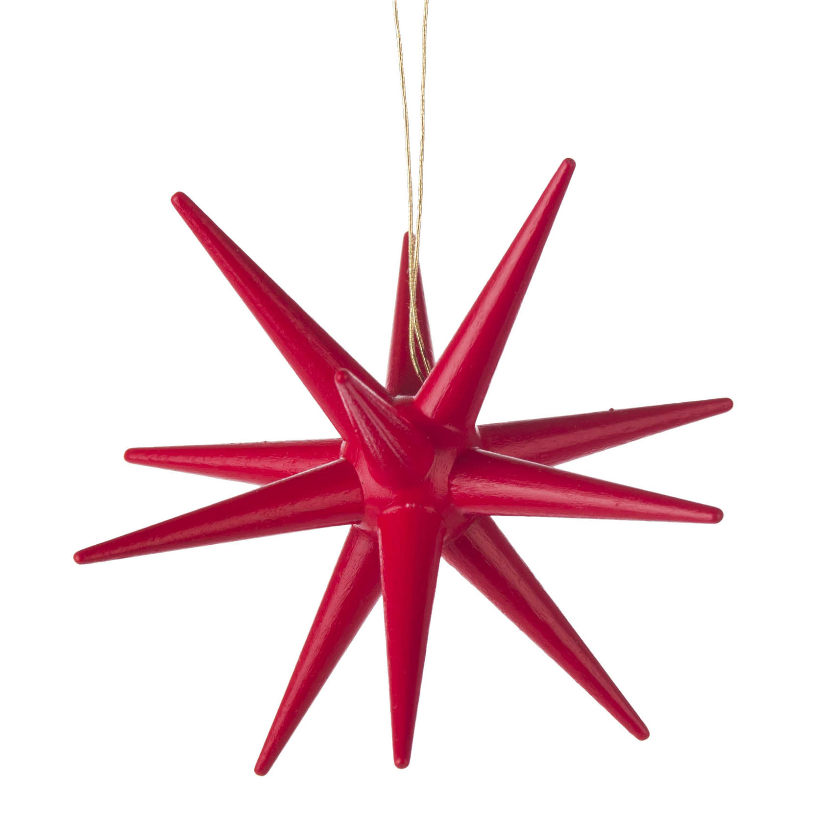 Roter Weihnachtsstern aus Kunststoff mit zahlreichen spitzen Zacken, an einer Schnur befestigt.