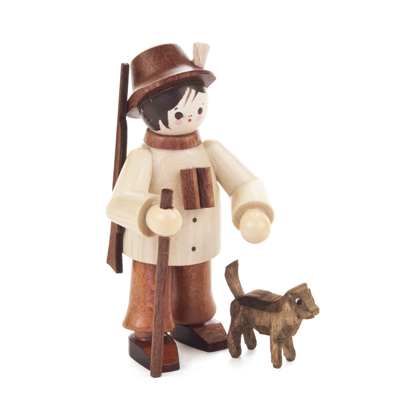 Holzfigur eines Försters mit braunem Hut und Stock, neben ihm ein kleiner Hund.