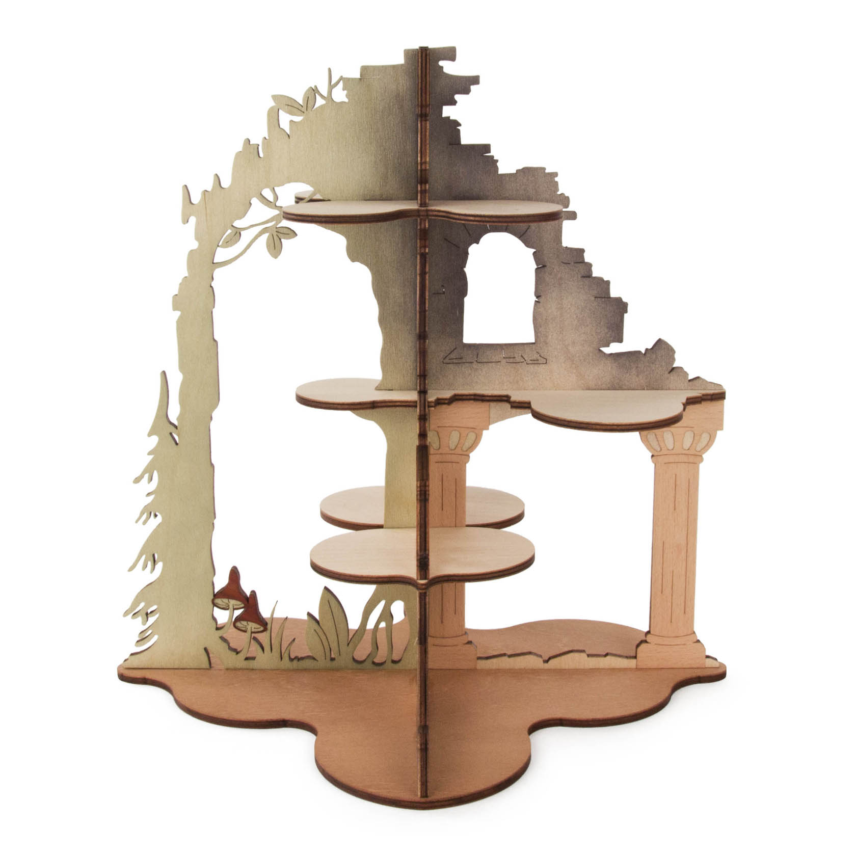 Spielzeug-Baumhaus aus Holz, bestehend aus mehreren Ebenen mit dekorativen Pflanzen- und Ruinenmotiven, ideal für Miniaturen oder kleine Spielfiguren. im Dregeno Online Shop günstig kaufen
